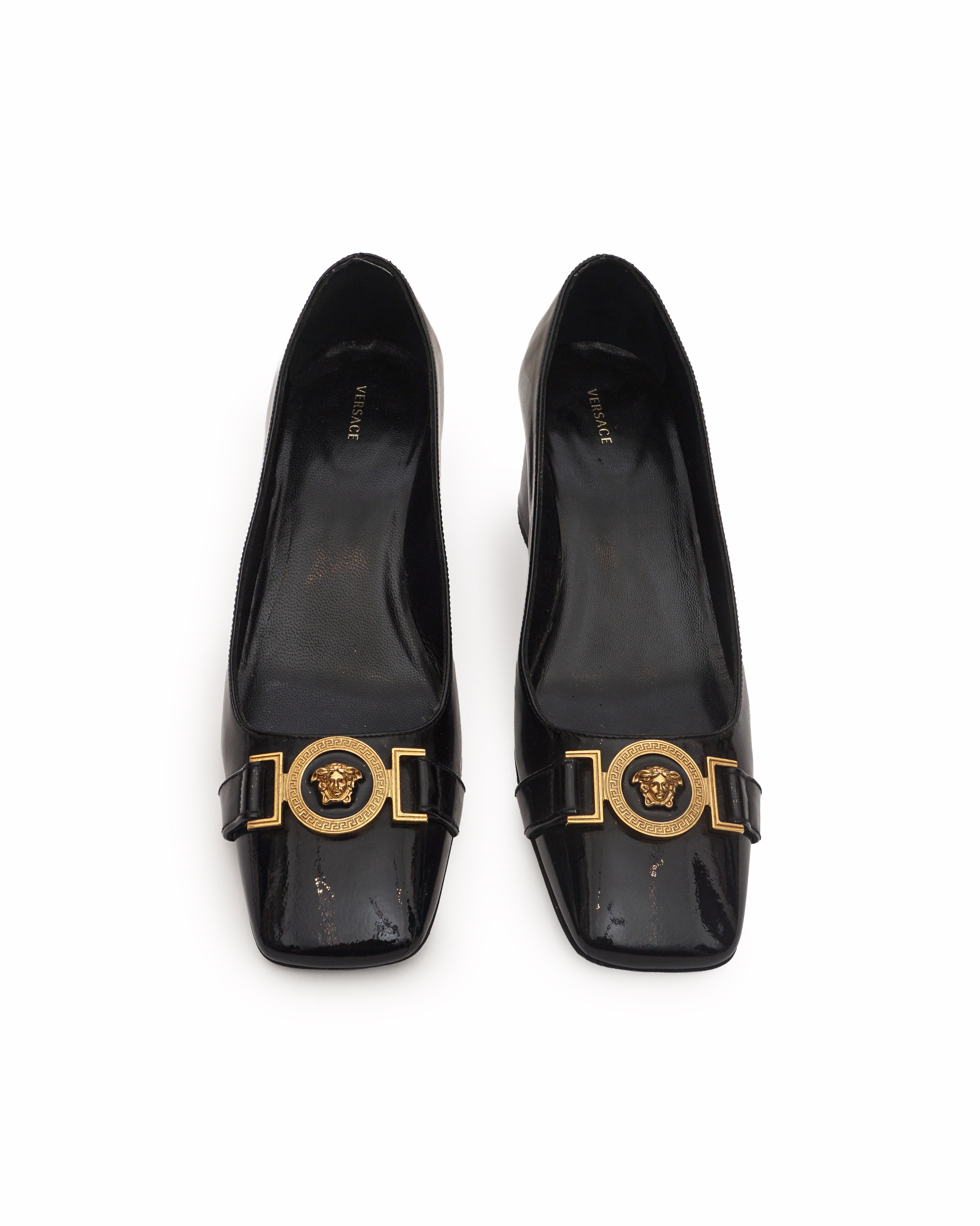 Versace Black Patent Leather Medusa Gold Buckle Block Heel Pumps