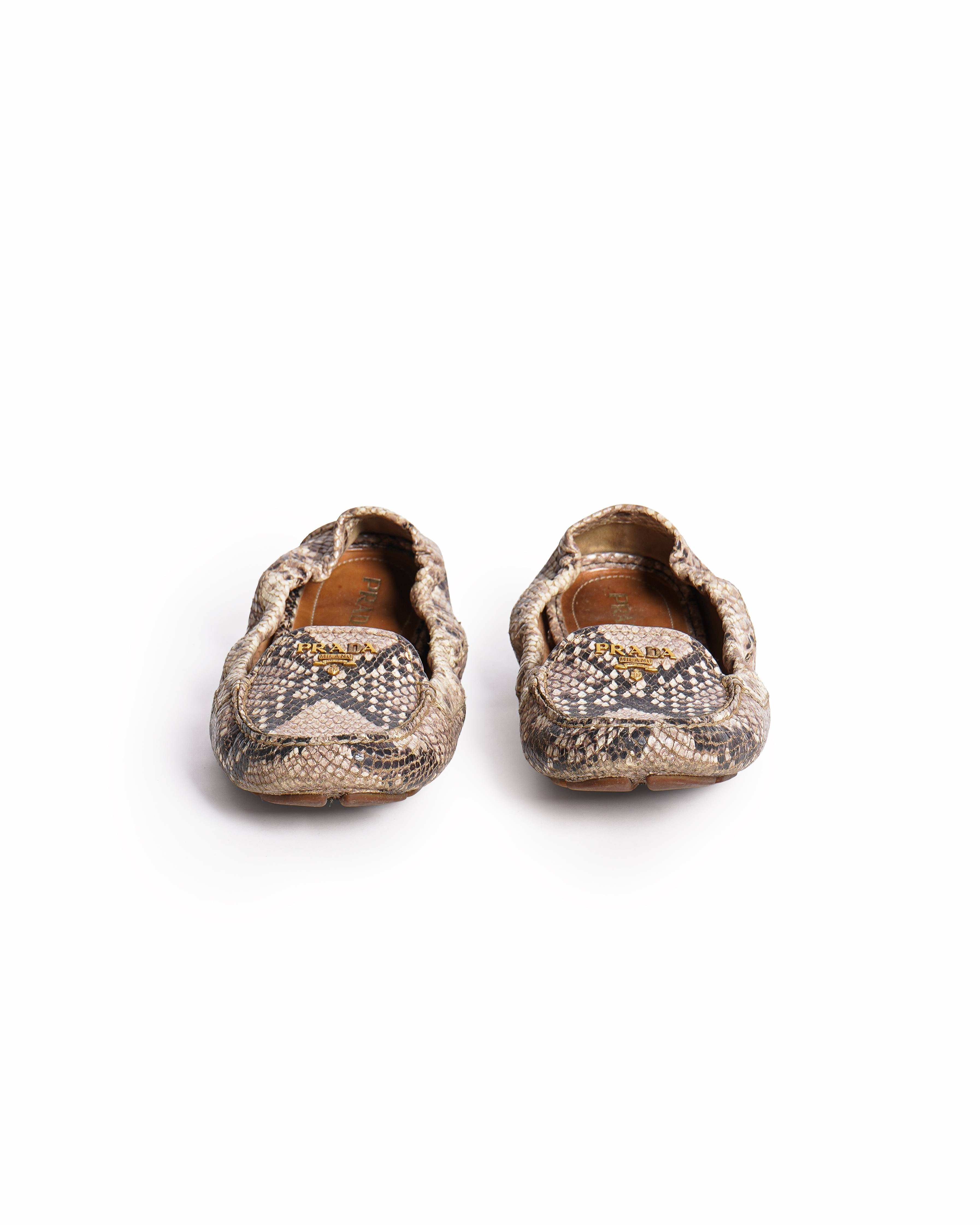 Prada Grey Python Embossed Scrunch Slip On Loafers