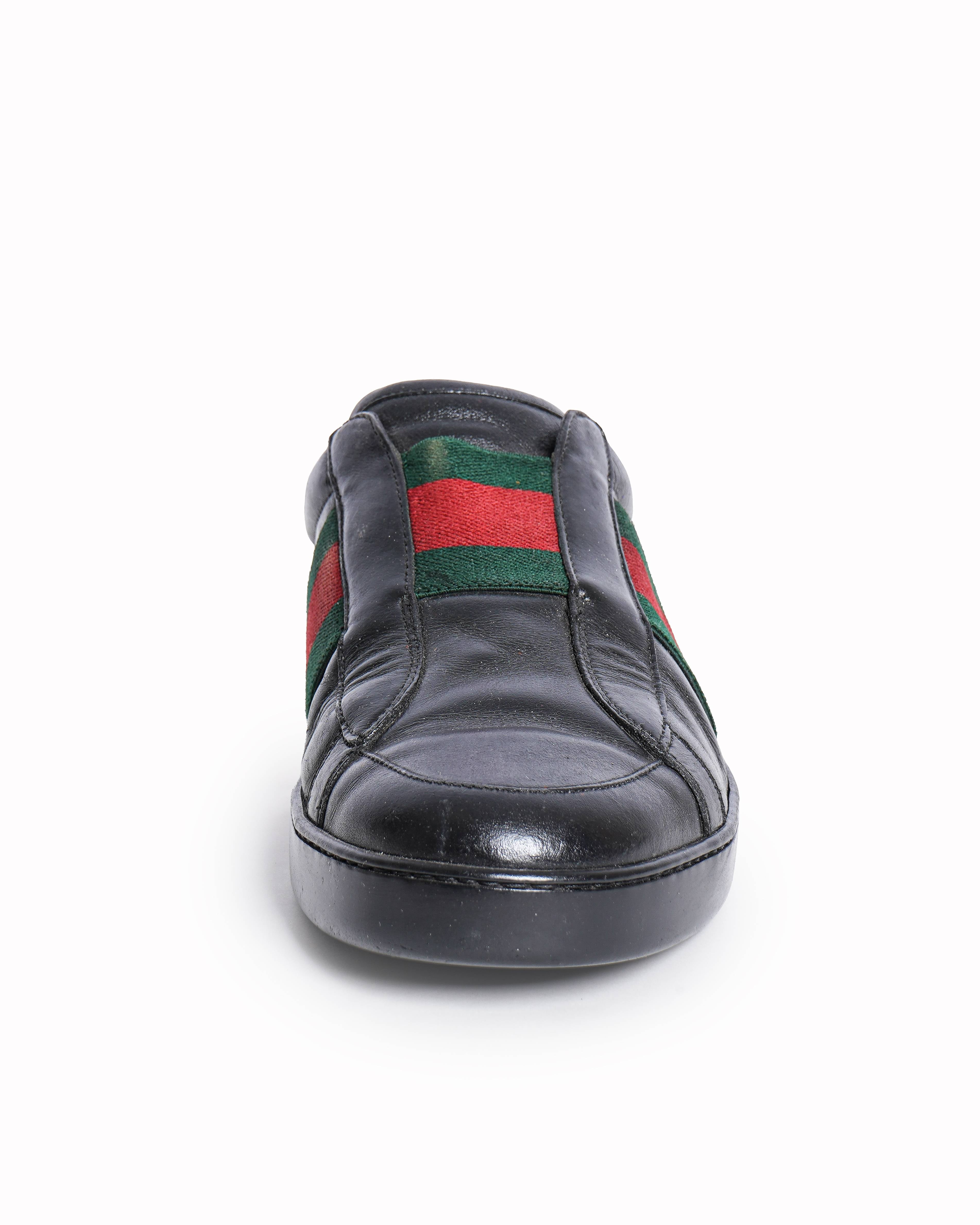Gucci Men's Black Leather Web Stripe Slip-On Sneakers