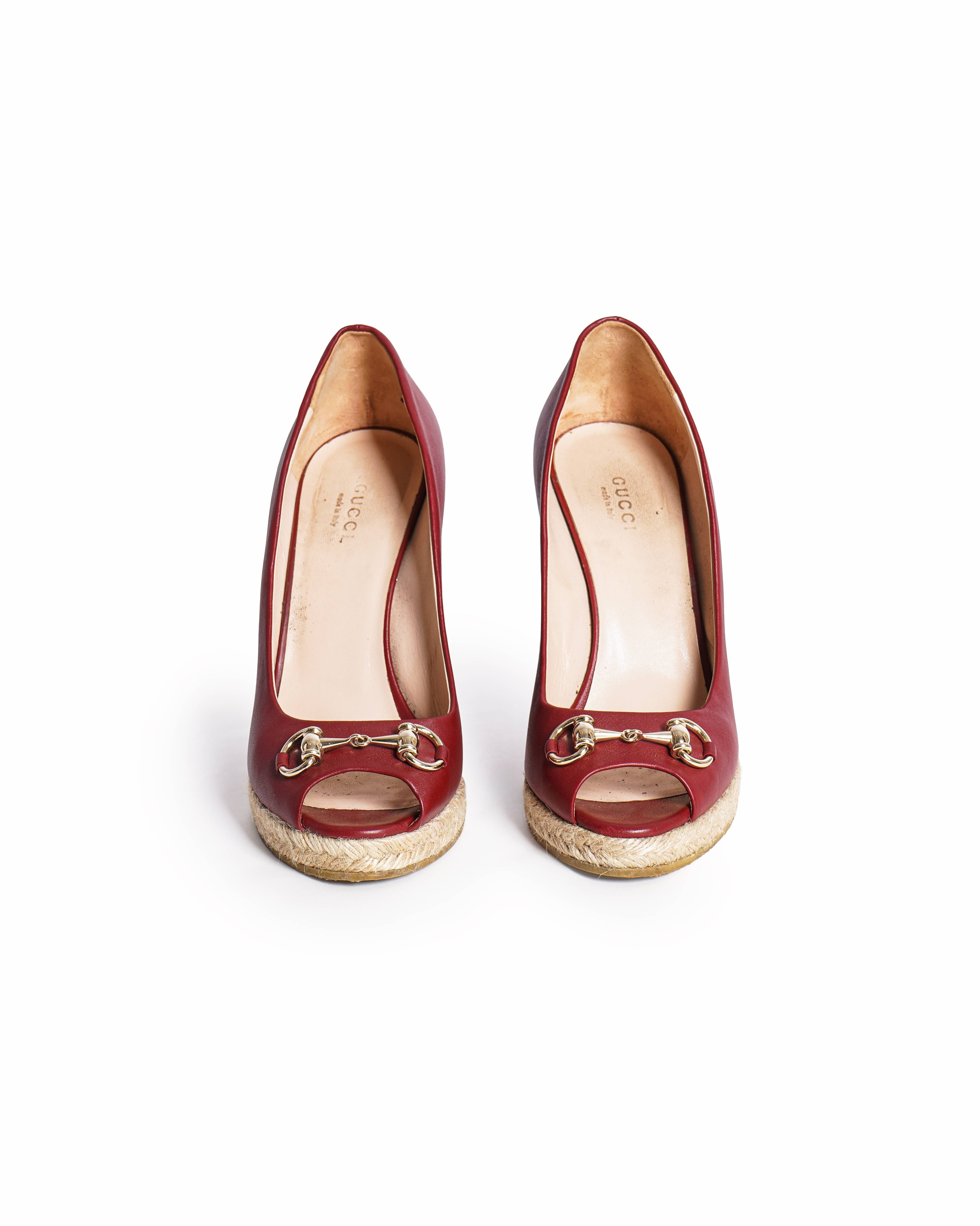 Gucci Horsebit Red Leather Espadrille Wedge Pumps