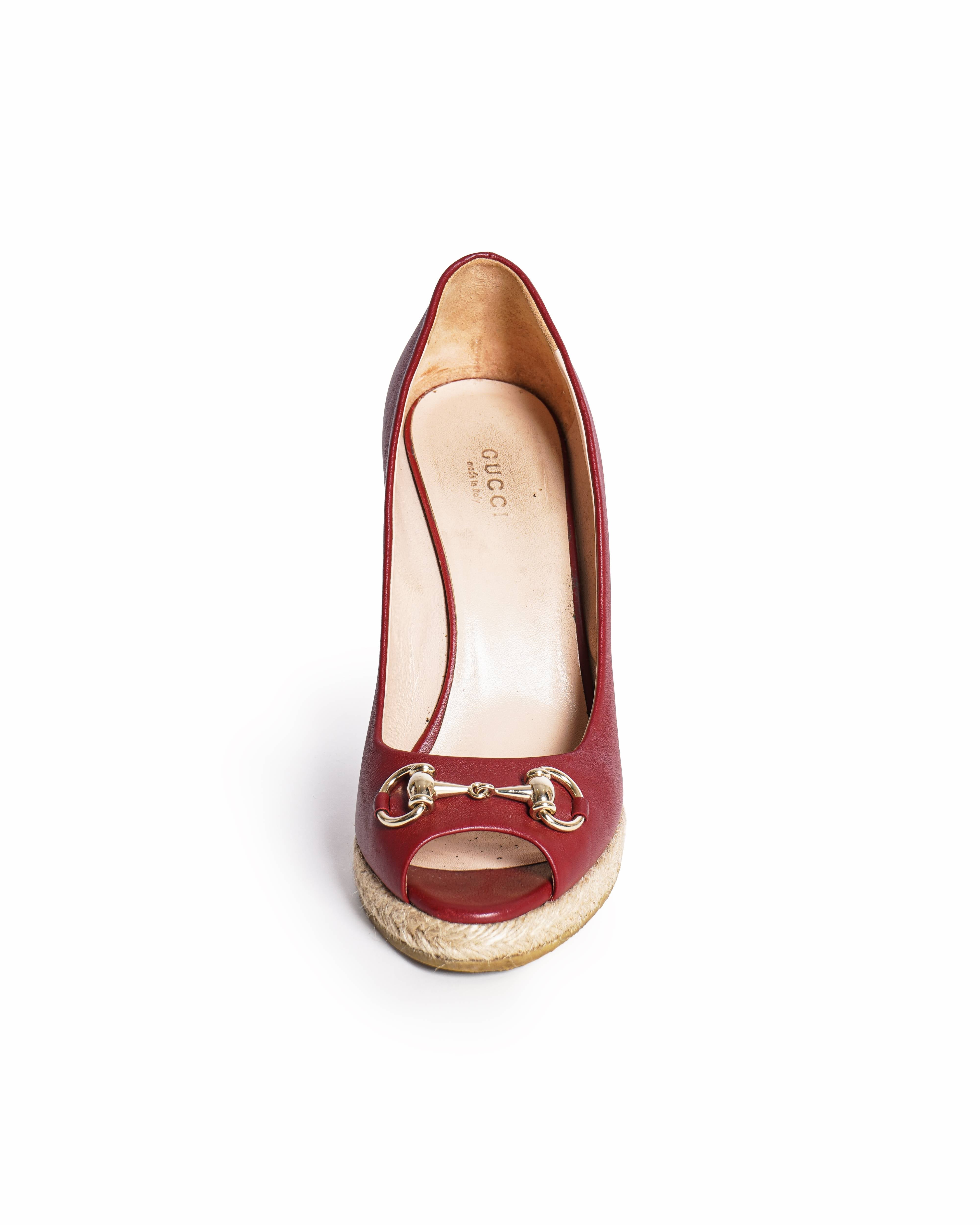 Gucci Horsebit Red Leather Espadrille Wedge Pumps
