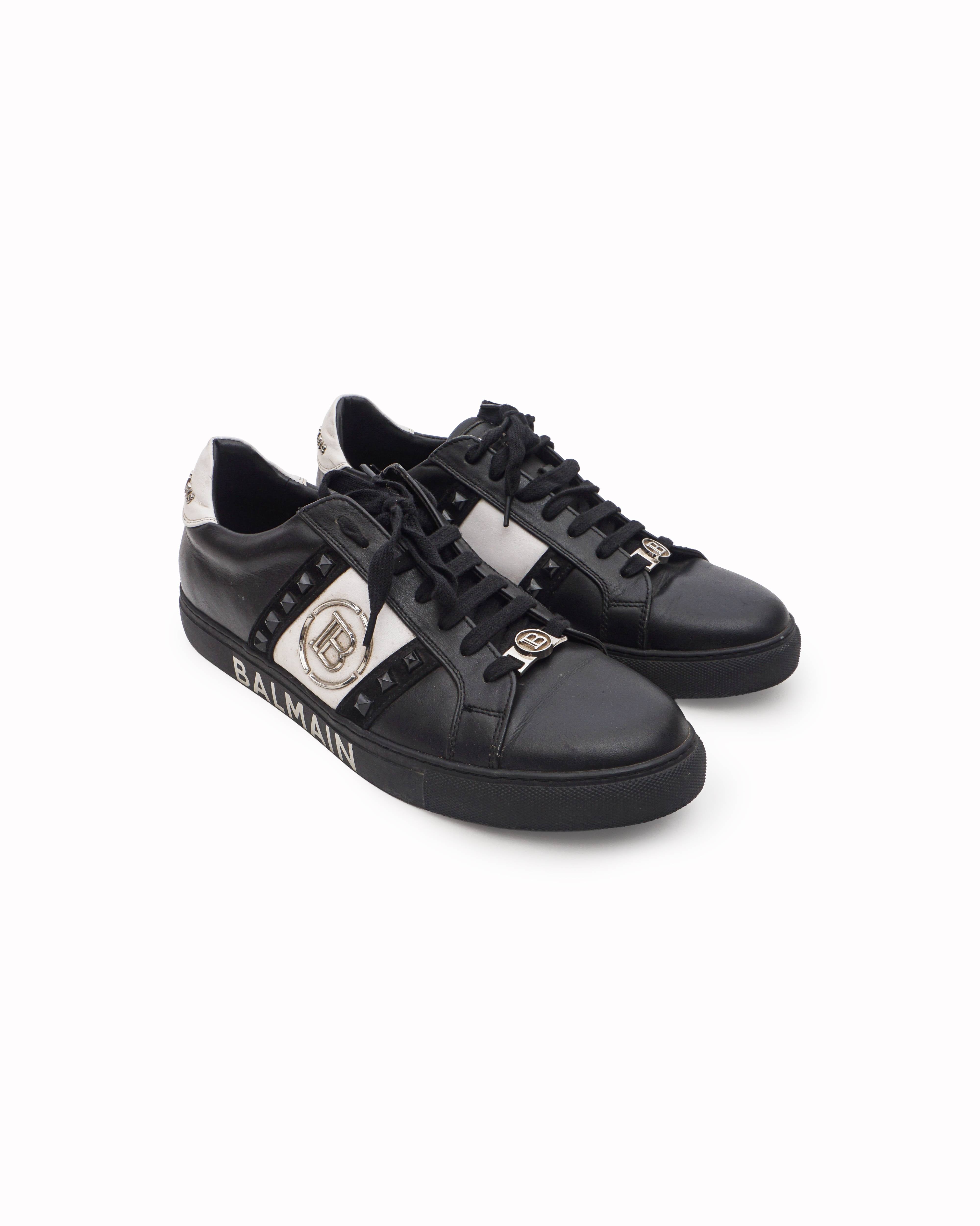 Balmain Black & White Studded Leather B Court Sneakers