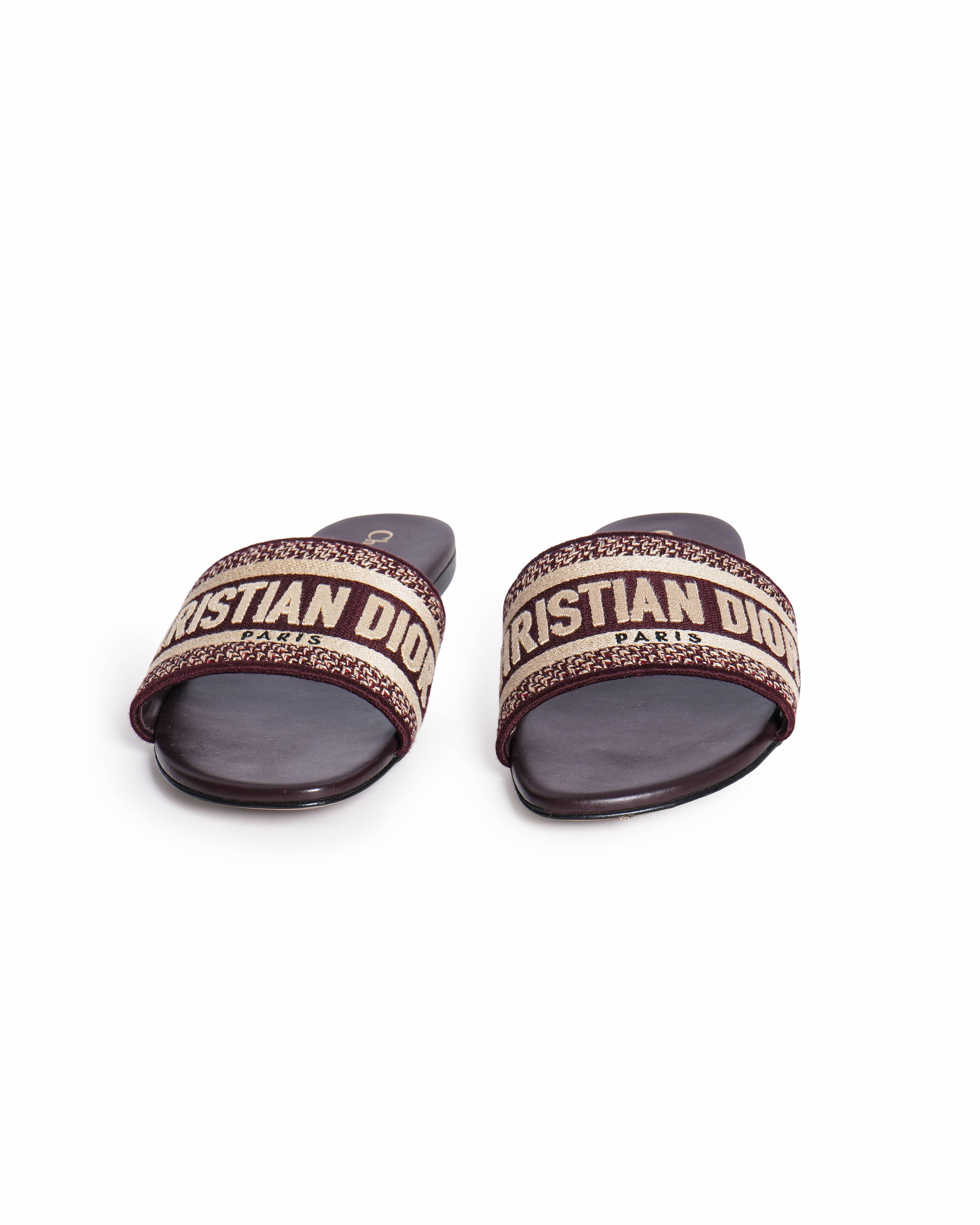 Christian Dior Burgundy cotton blend Dway logo embroidered flat slides