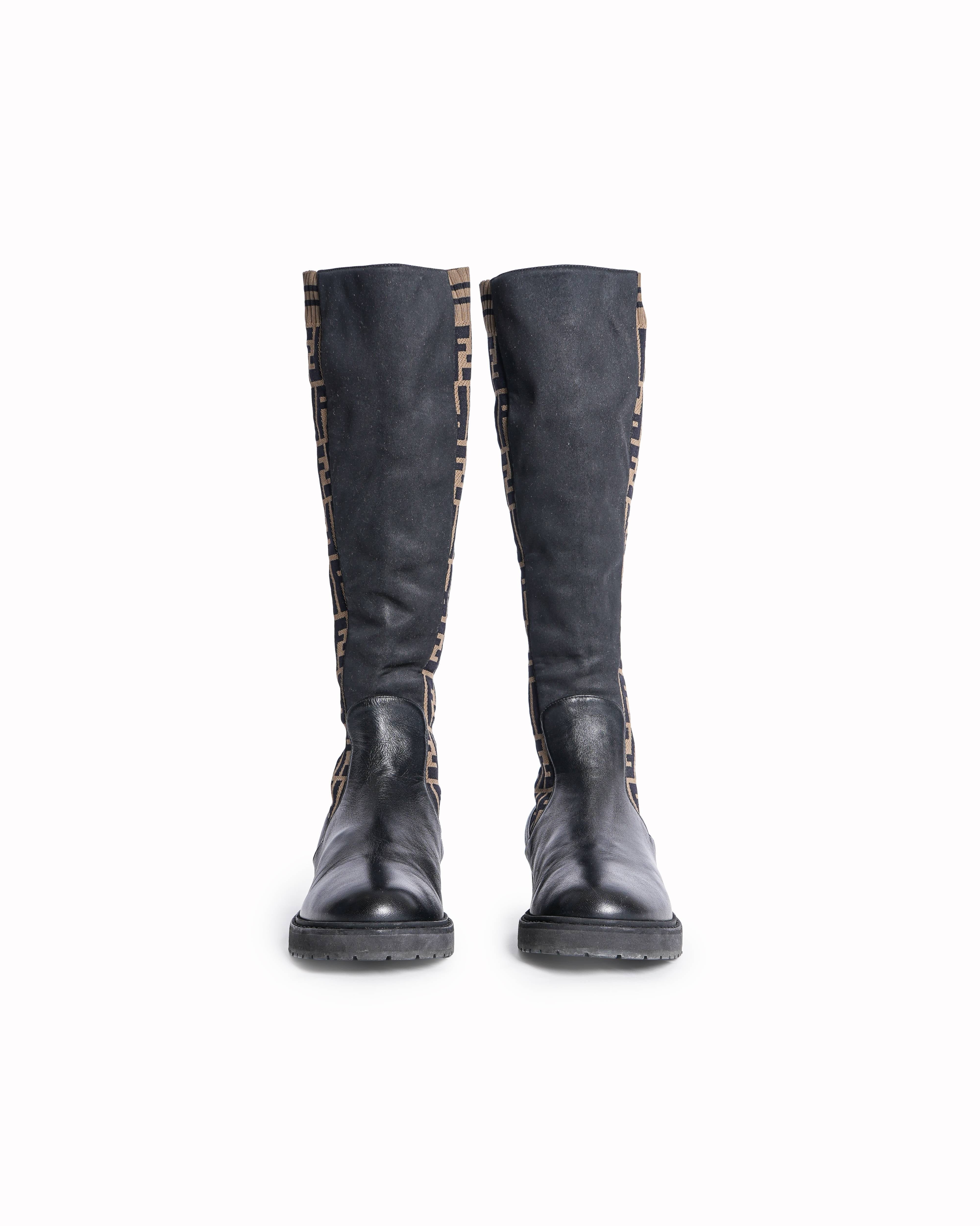 Fendi Zucca FF Logo Leather Riding Boots