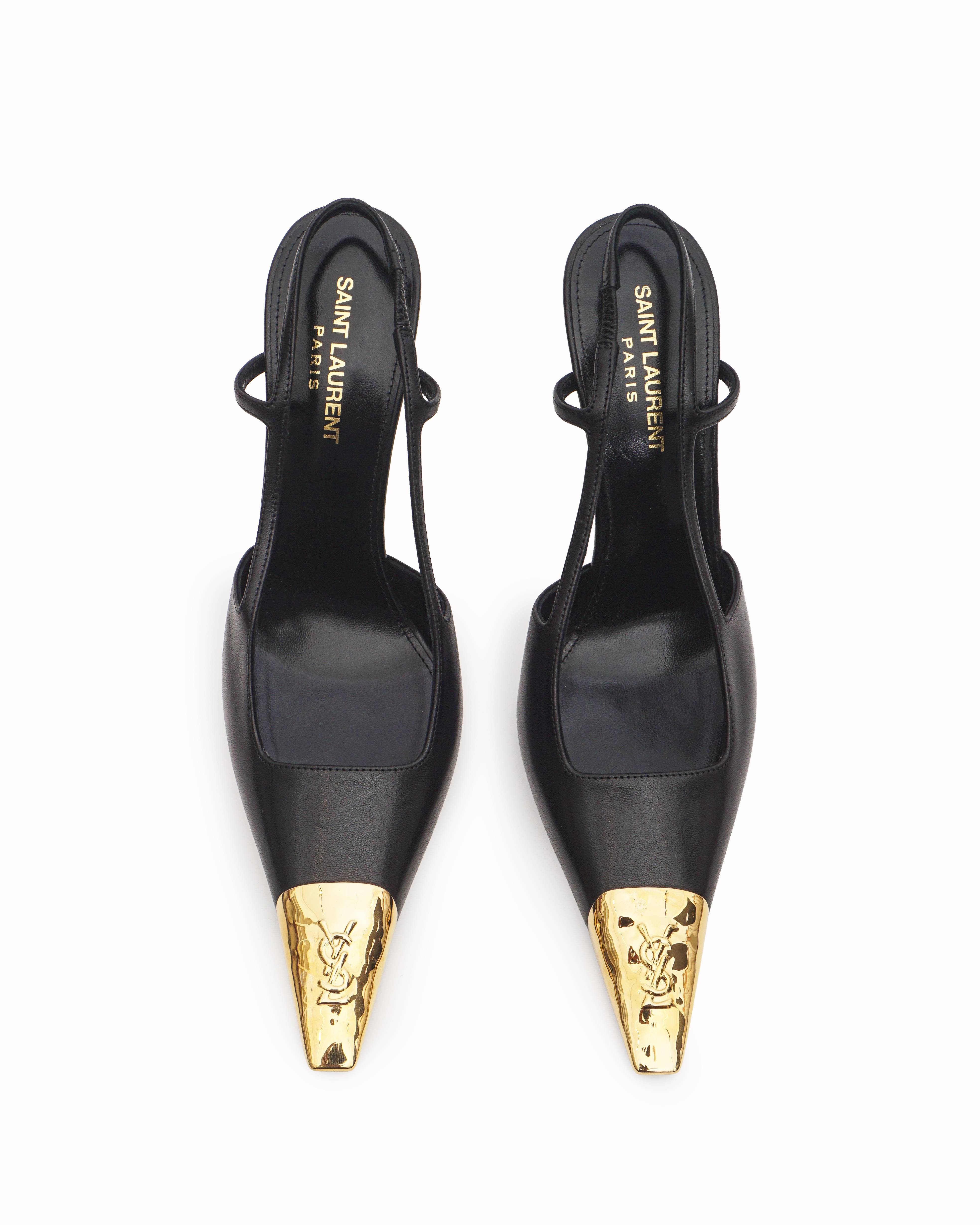 Saint Laurent Black Leather Gold YSL Cap-Toe Pumps
