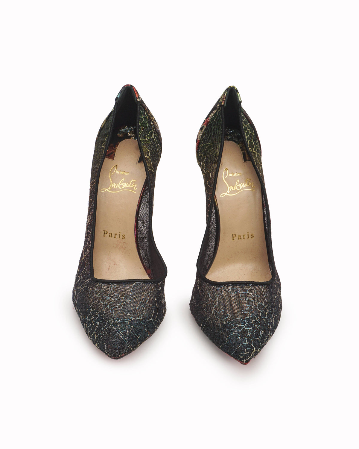 Christian Louboutin Black & Gold Embroidered Mesh Heel Pumps