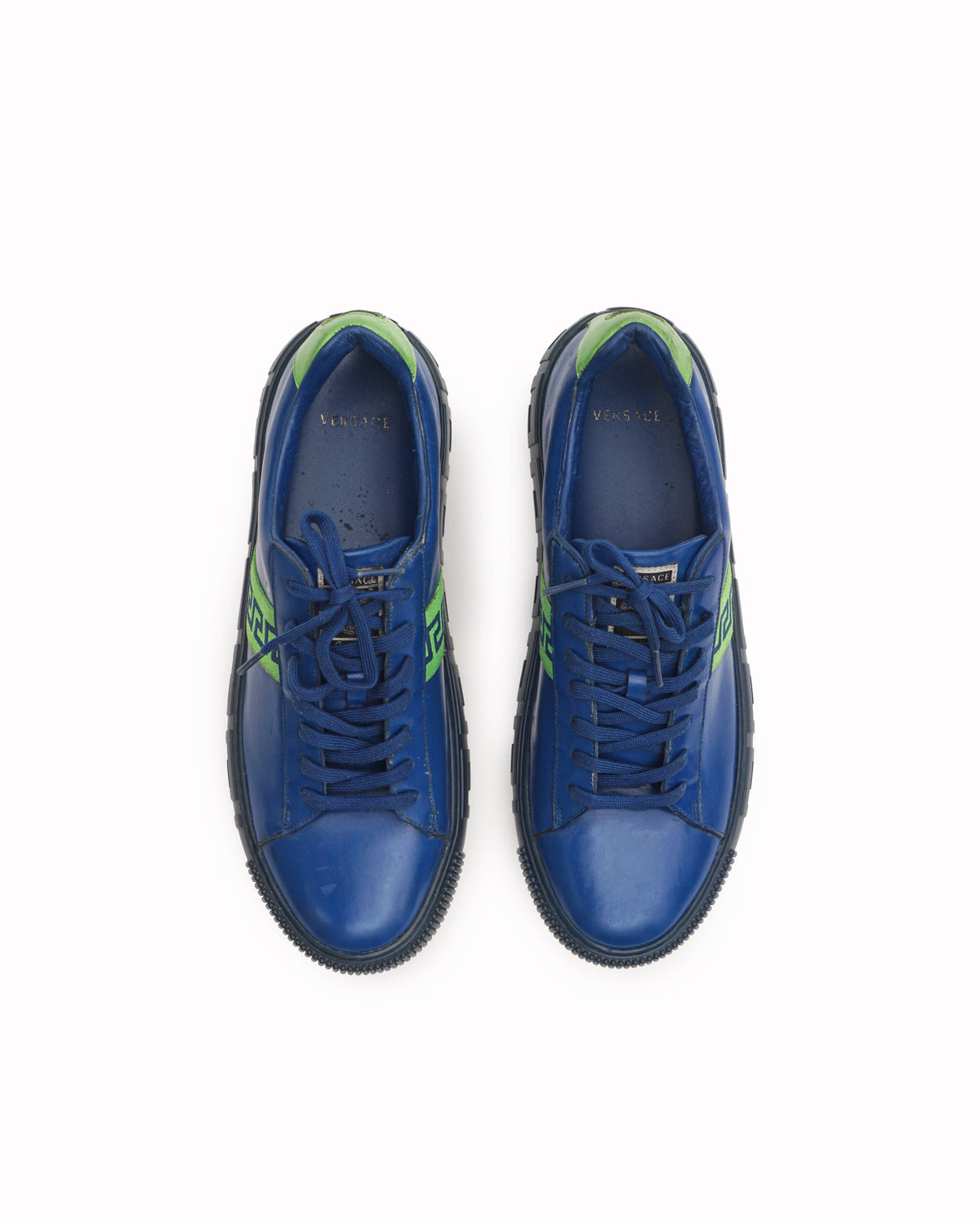 Versace Blue & Neon Green Greca Bicolor Low-Top Sneakers