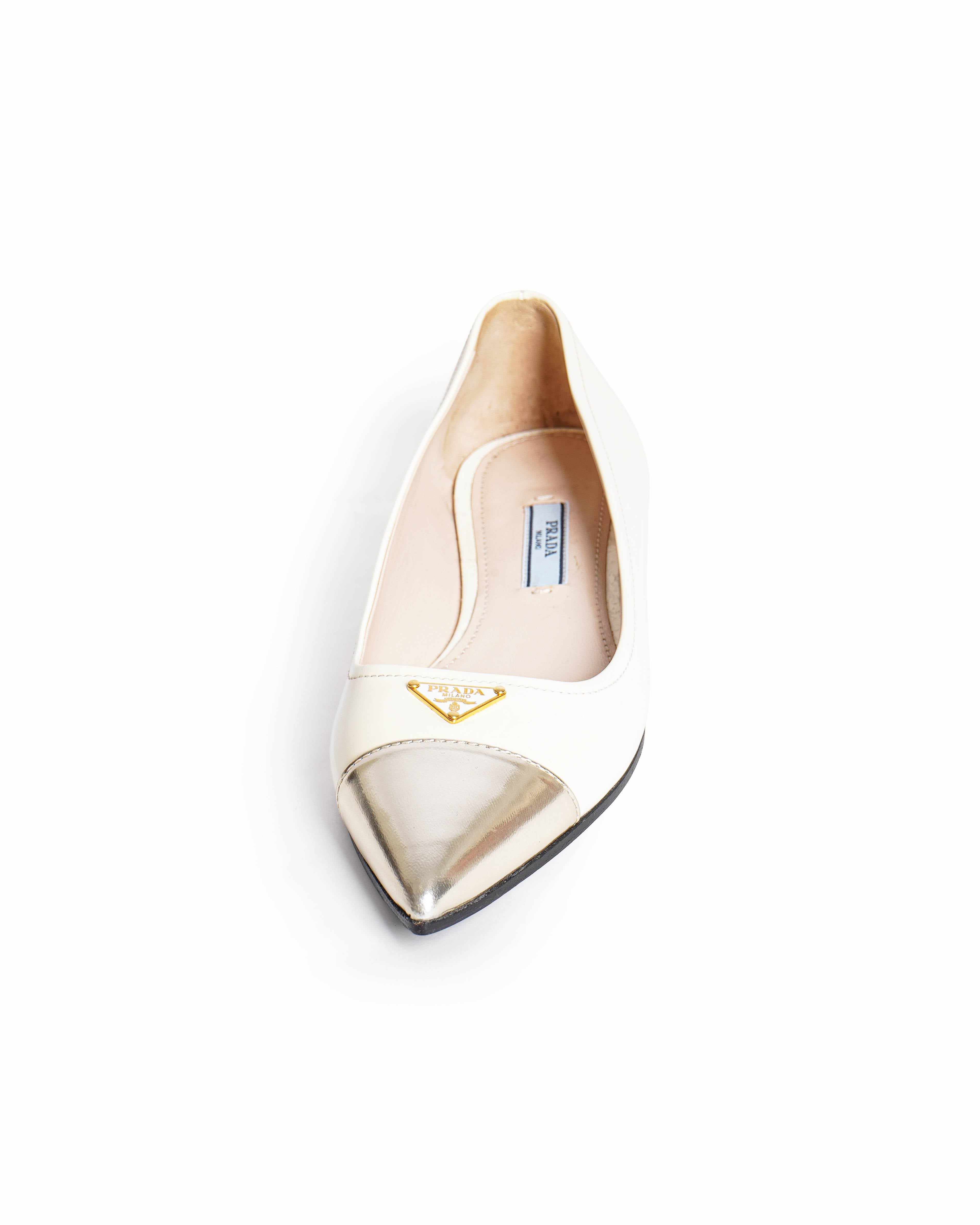 Prada White & Gold Patent Leather Flats