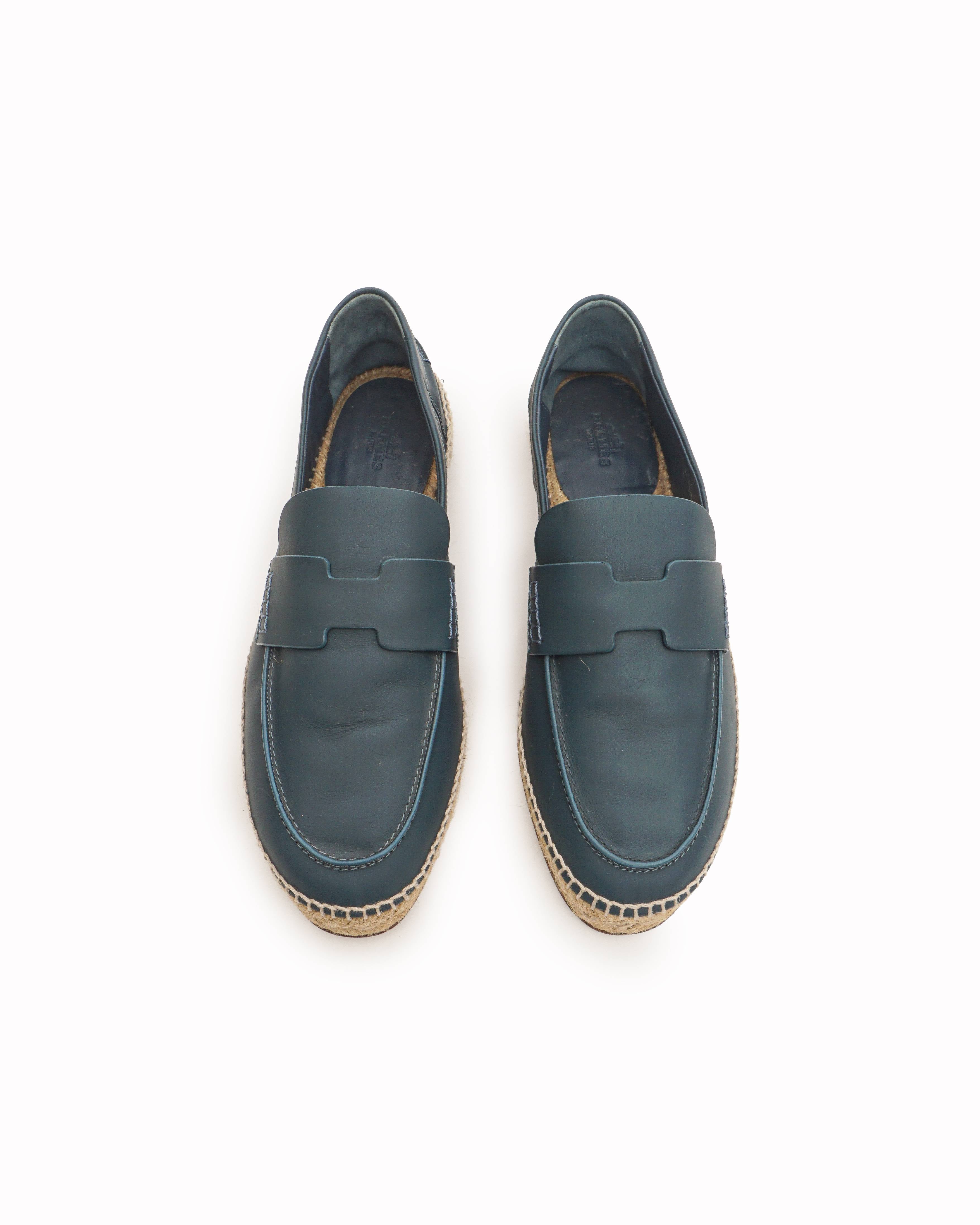 Hermès Blue Leather Trip H Logo Espadrille Loafers