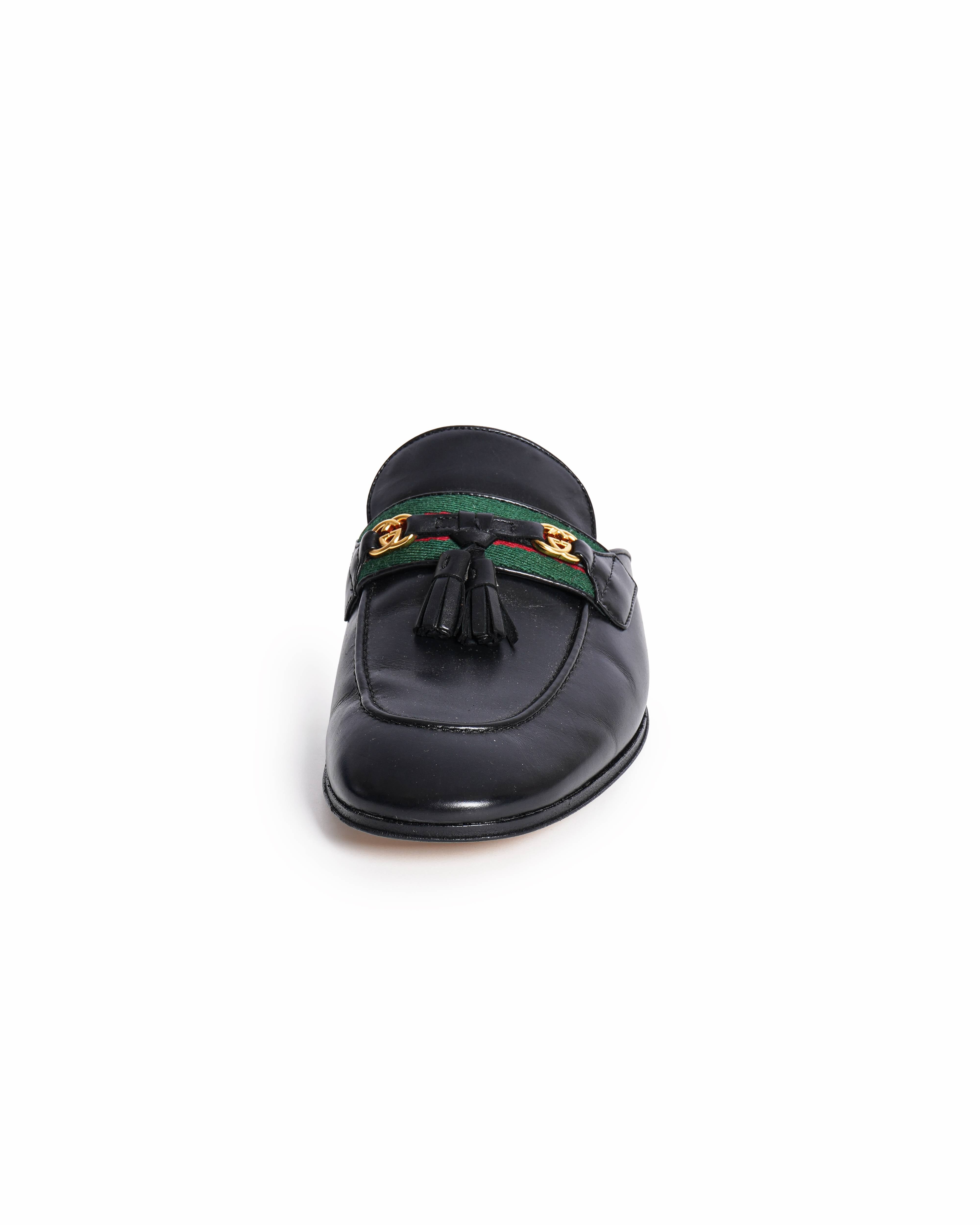 Gucci Black Leather Tassel Web Princetown Horsebit Flat