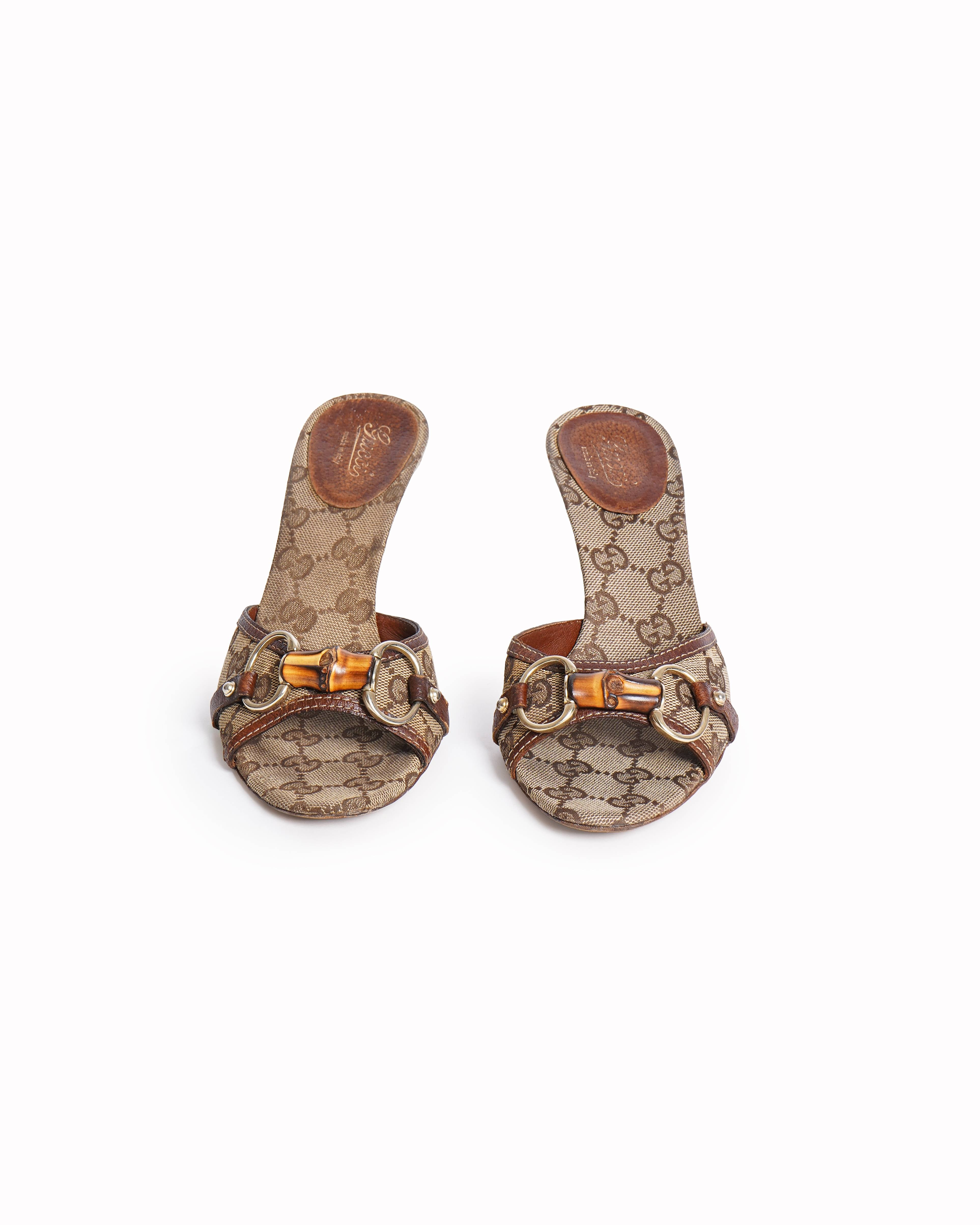 Gucci Beige & Ebony GG Canvas Horsebit Bamboo Slide Heels