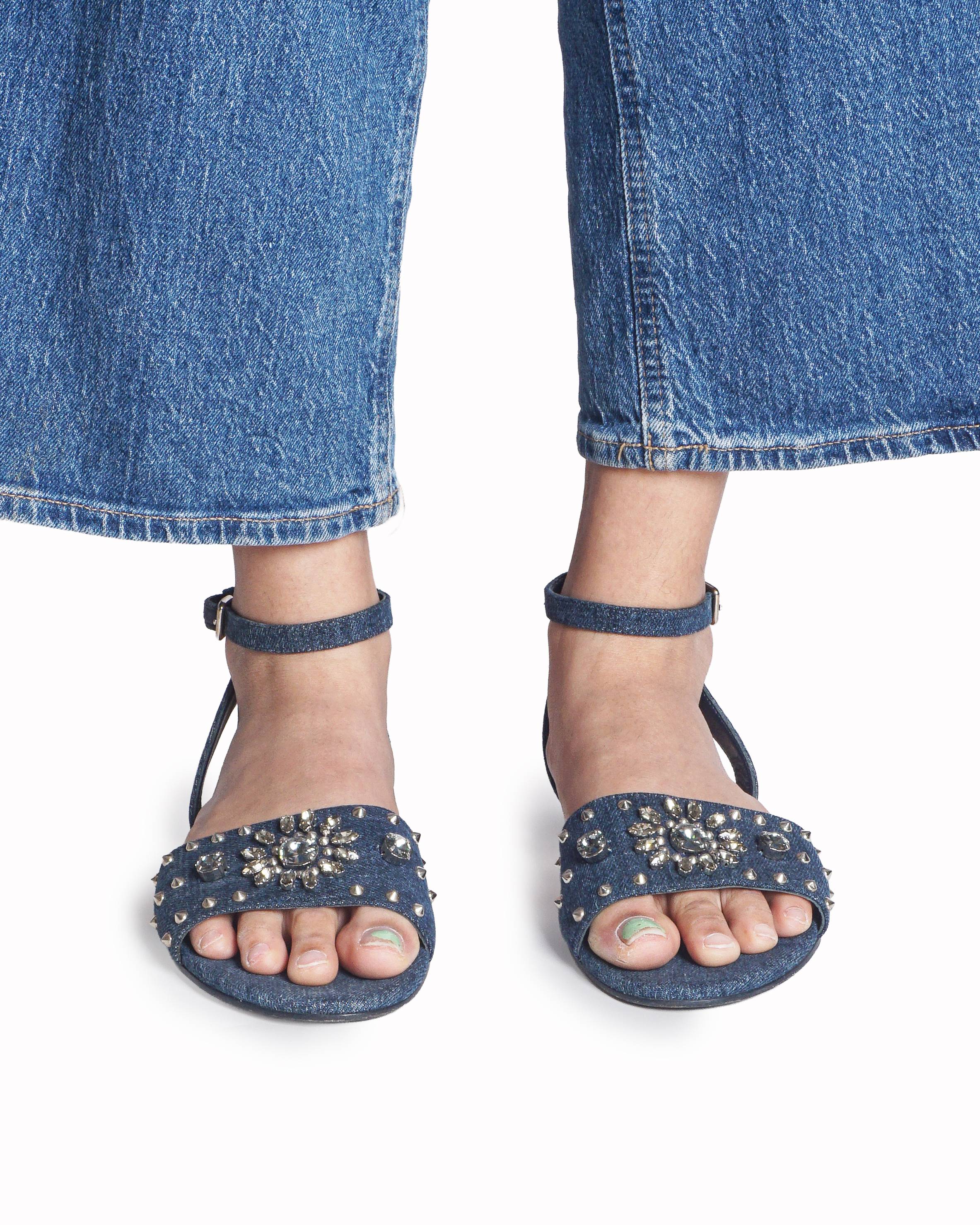 Miu Miu Blue Denim Studded Crystal Flower Sandals