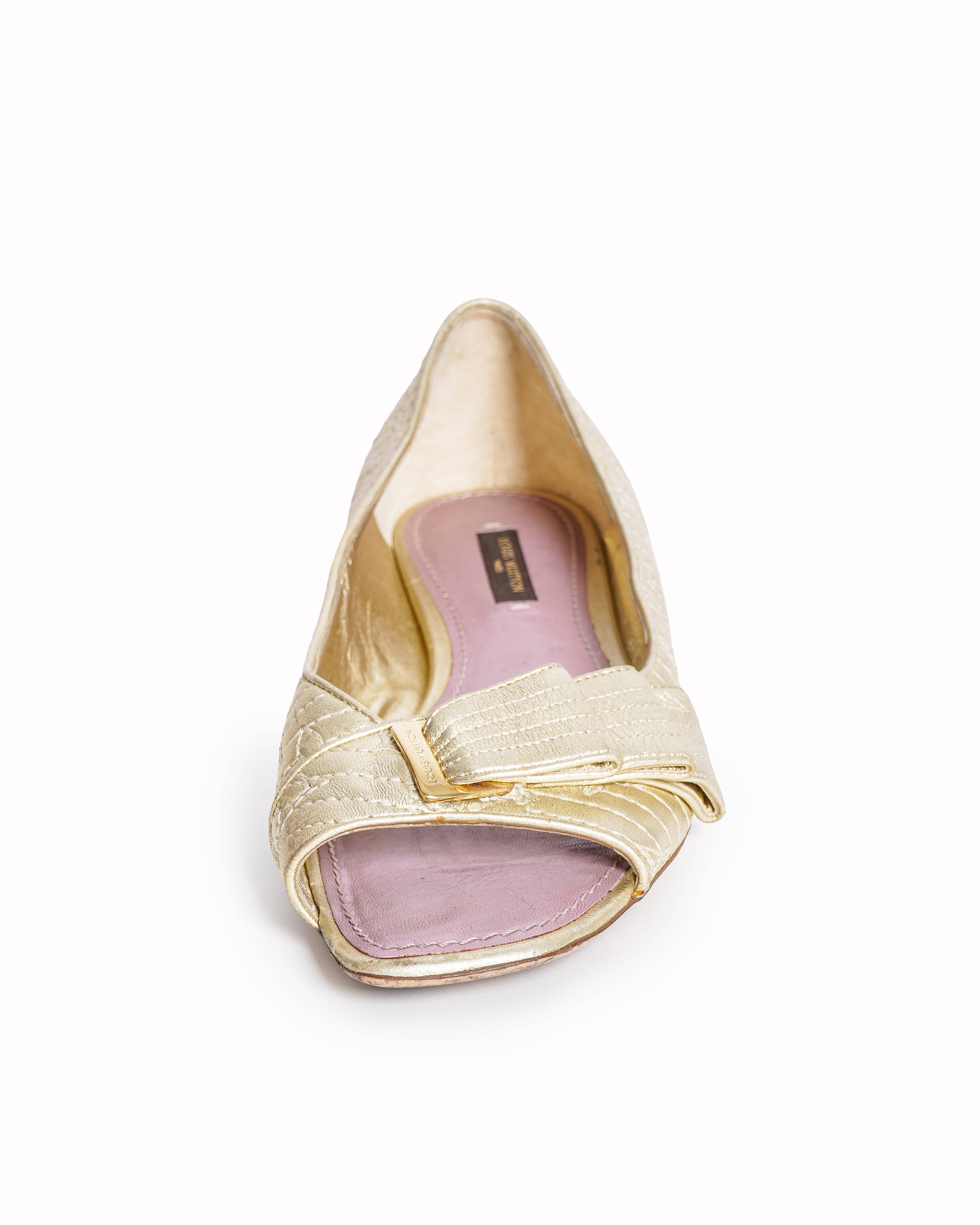 Louis Vuitton Goldtone Monogram Quilted Leather Peep Toe Flats