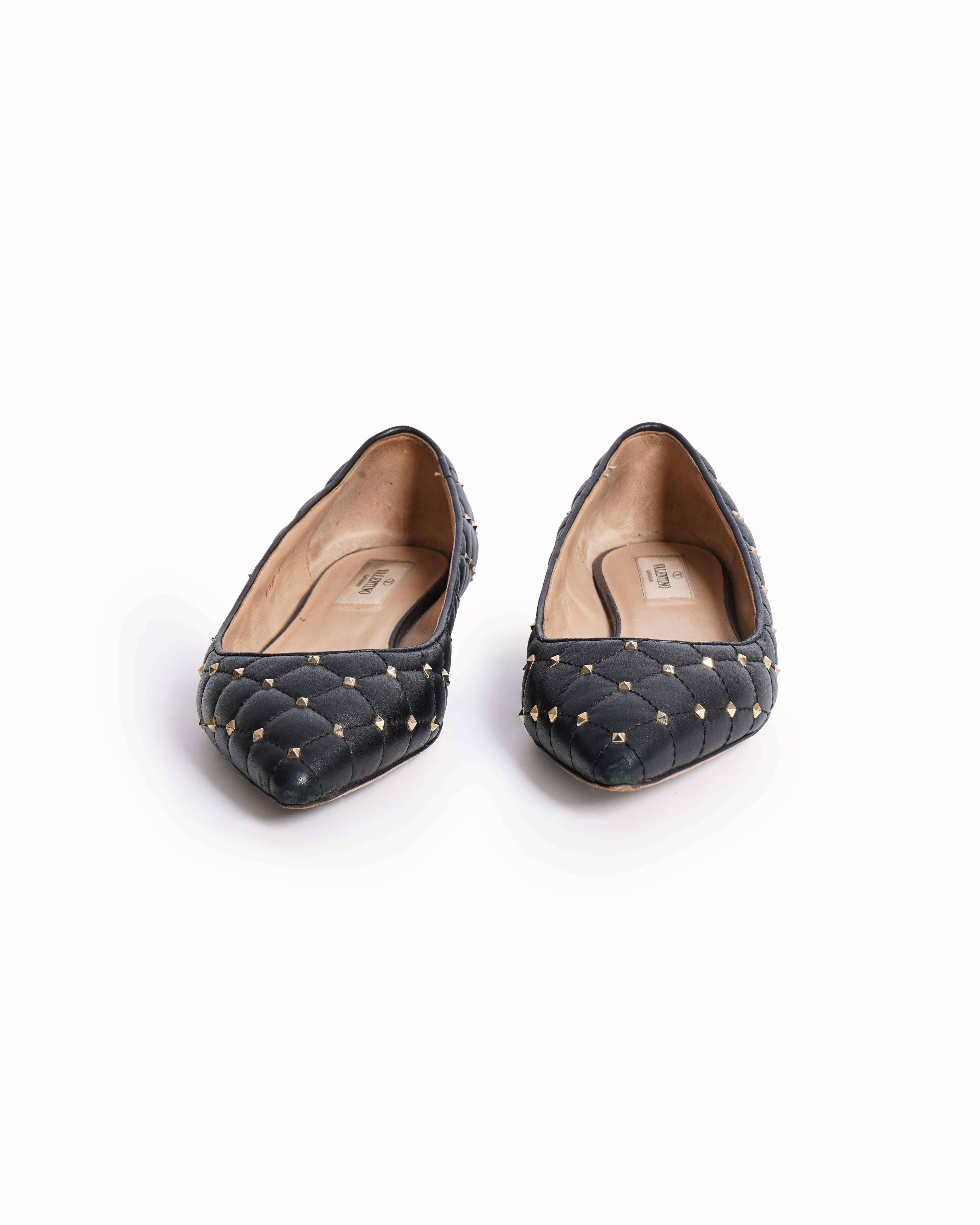 Valentino Black Leather Rockstud Embellished Pointed Toe Ballet Flats
