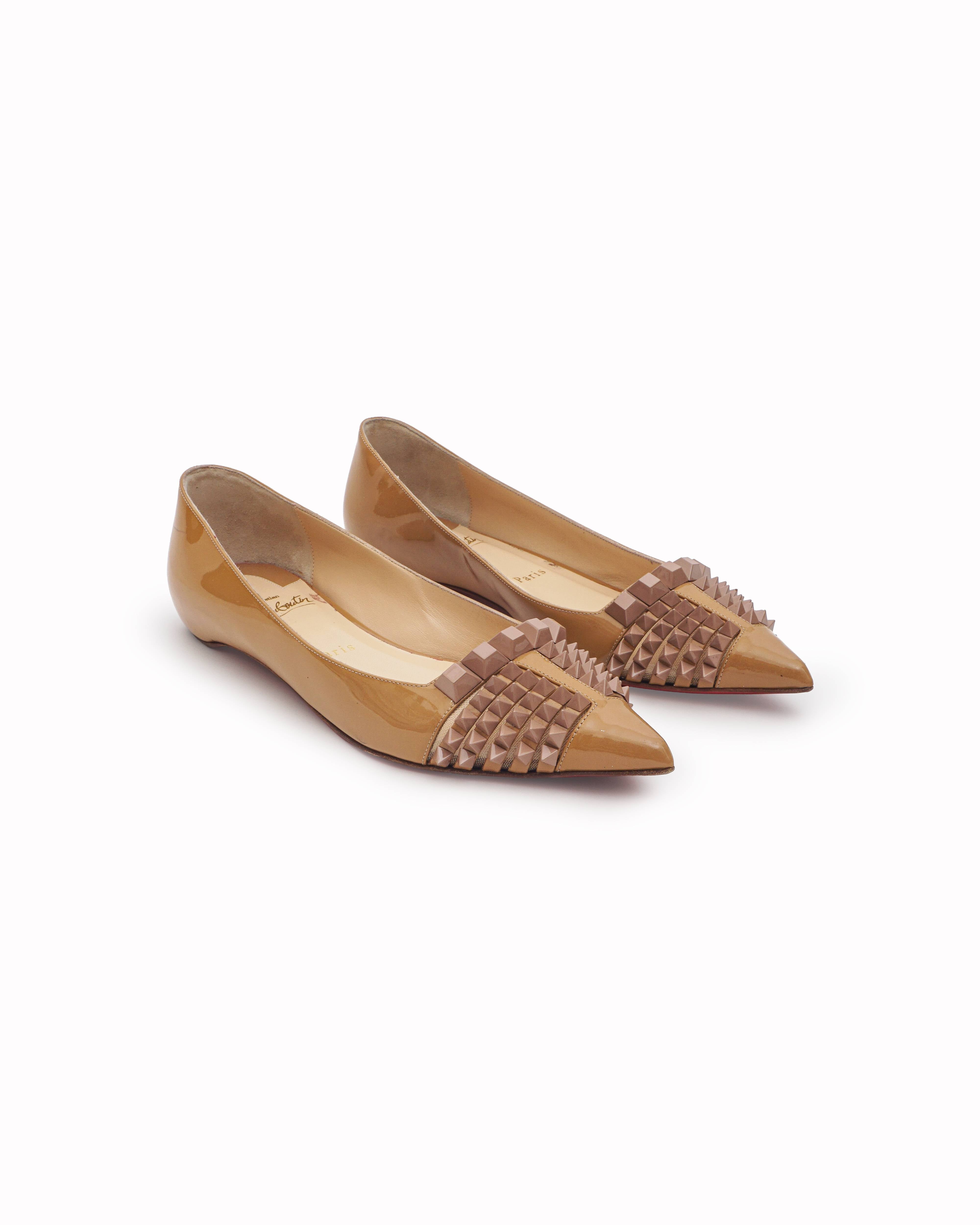 Christian Louboutin Tan Patent Leather Spikes Rollerina Flats