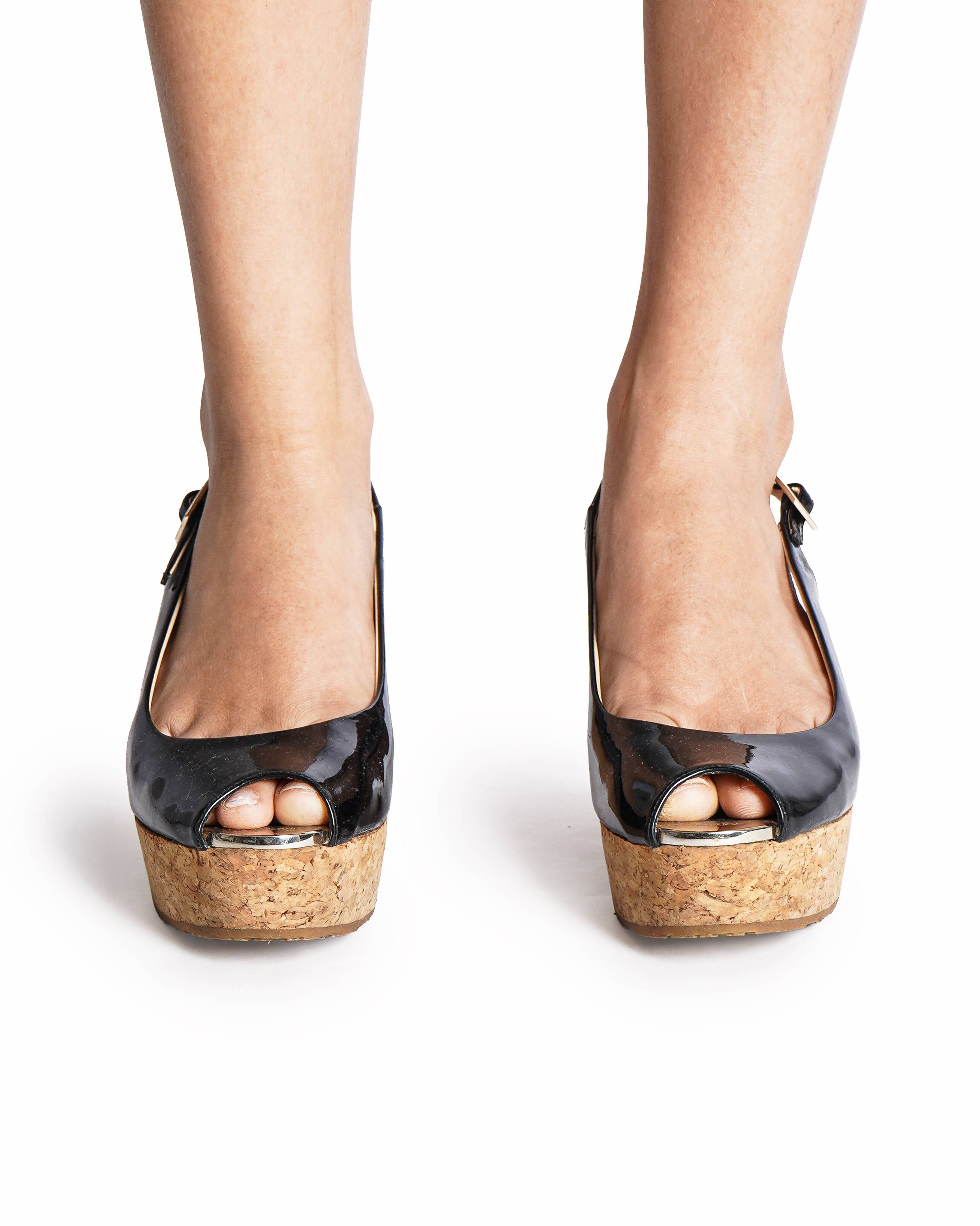Jimmy Choo Black Patent Leather Cork Platform Wedge Slingbacks