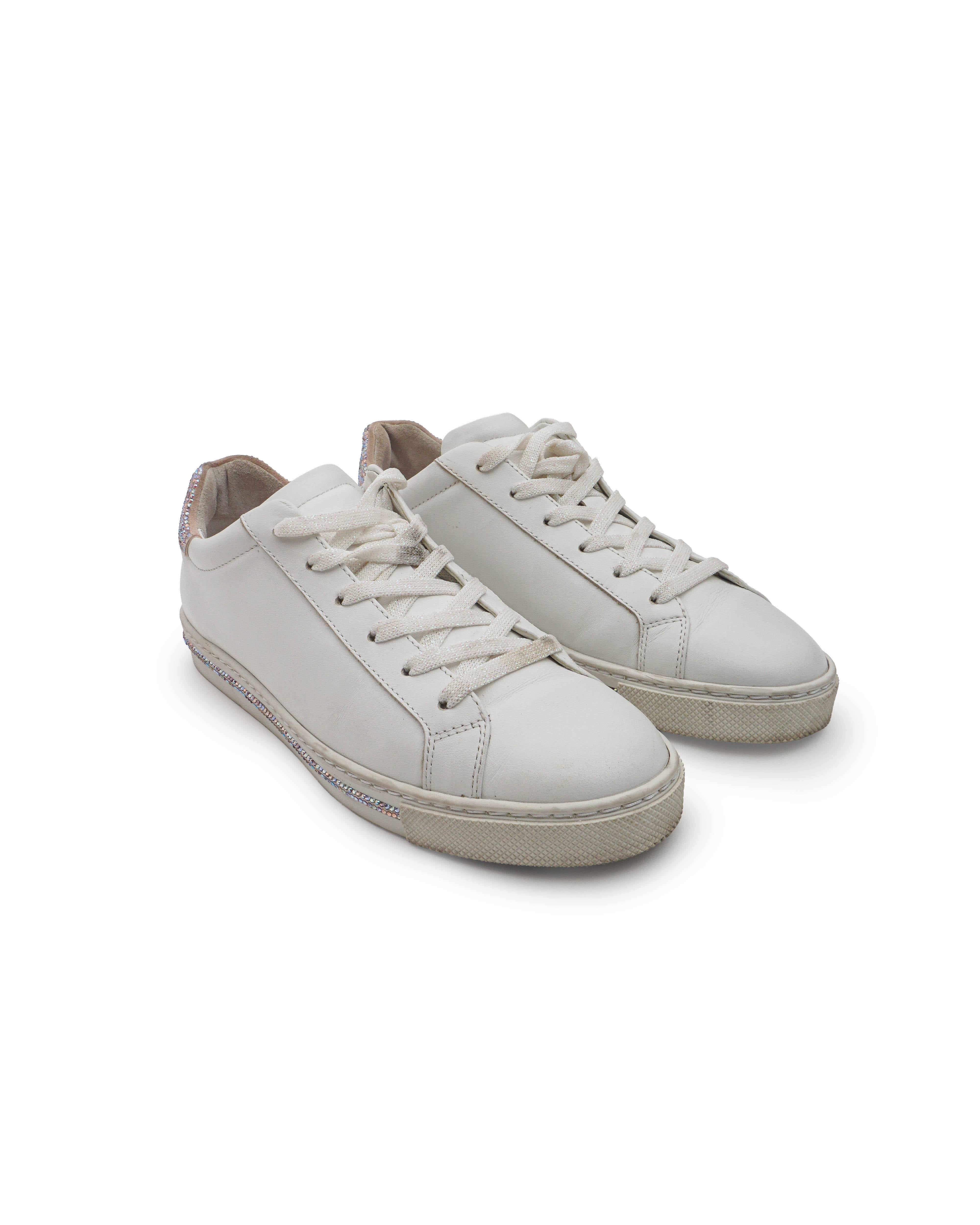 René Caovilla White Leather Crystal Low Top Sneakers