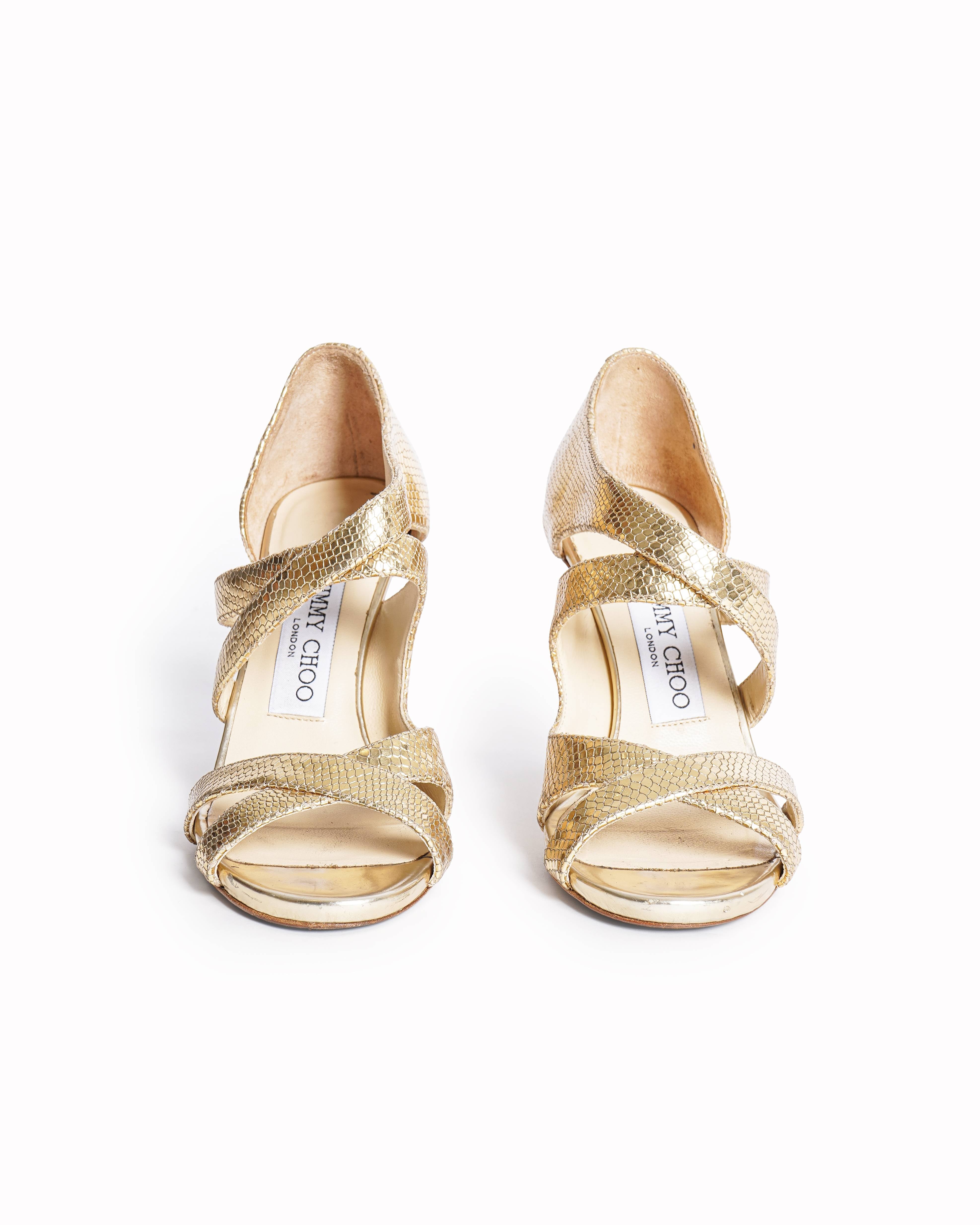 Jimmy Choo Louise Gold Tone Lizard Embossed Ankle Strap Sandals