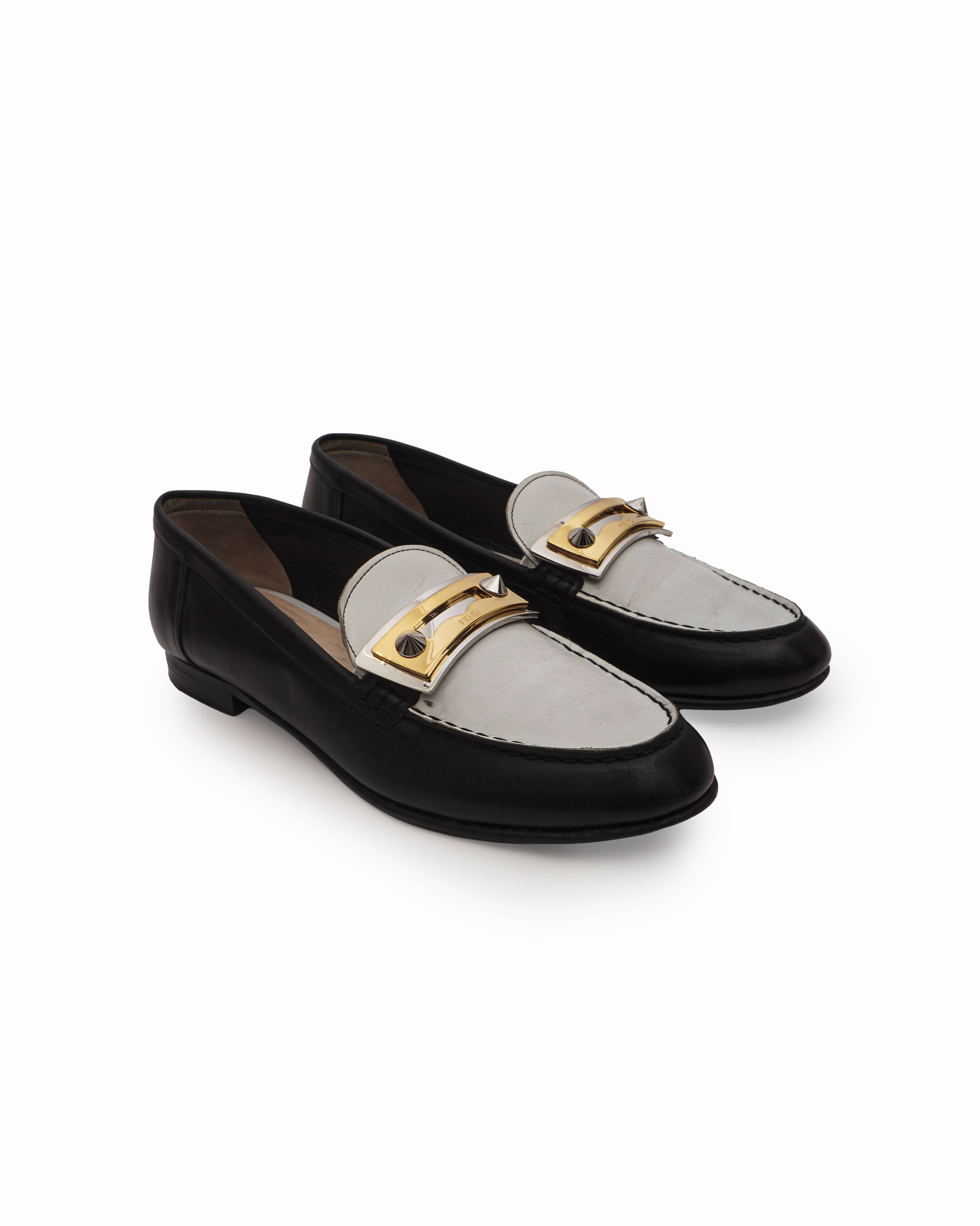 Fendi Black & White Leather Rachel Penny Loafers