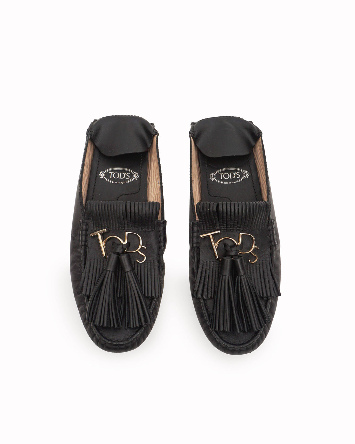 Tod’s Black Leather Fringe Tassel Brass Logo Gommino Loafers