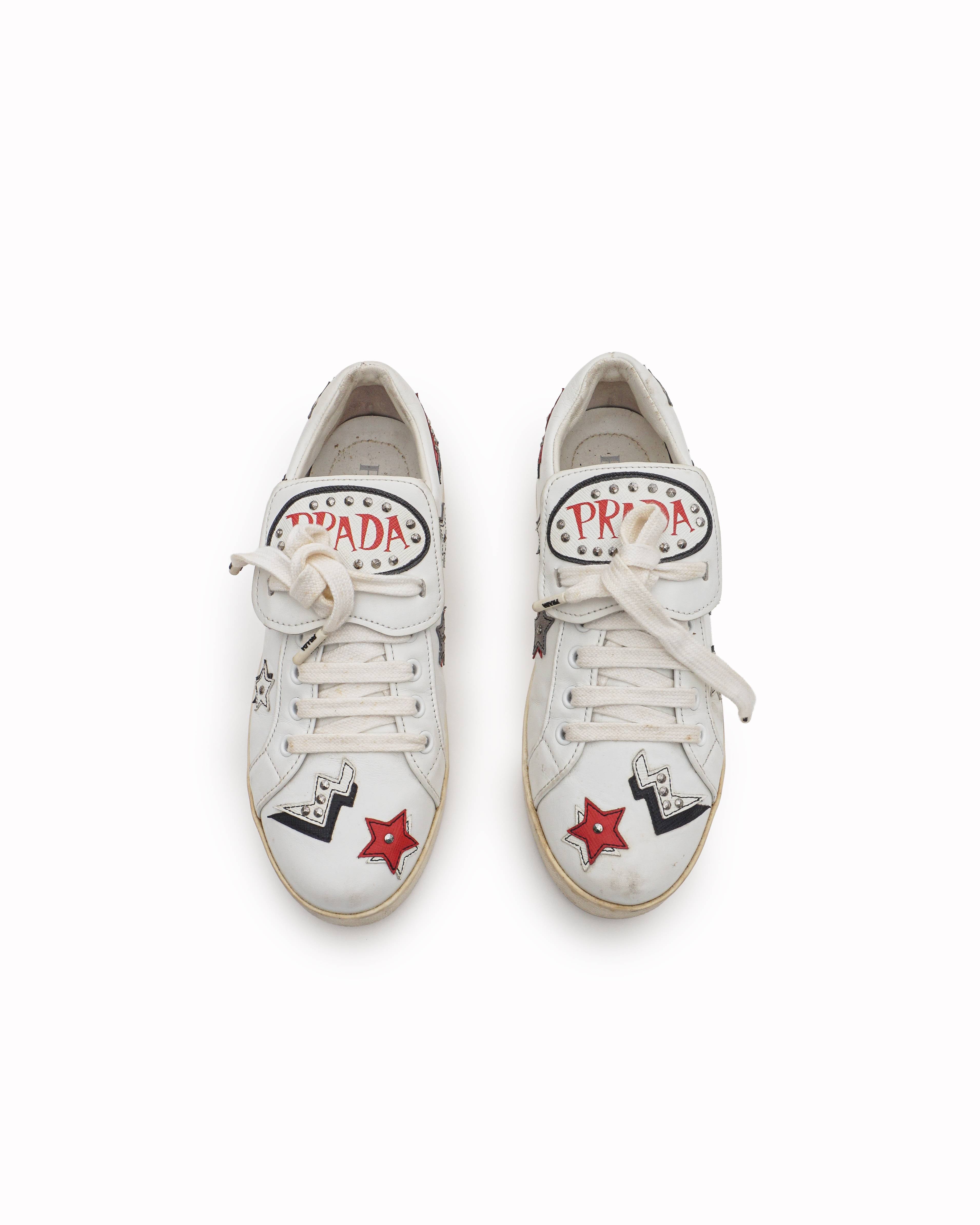Prada White Leather Studded Star & Lightning Bolt Low-Top Sneakers