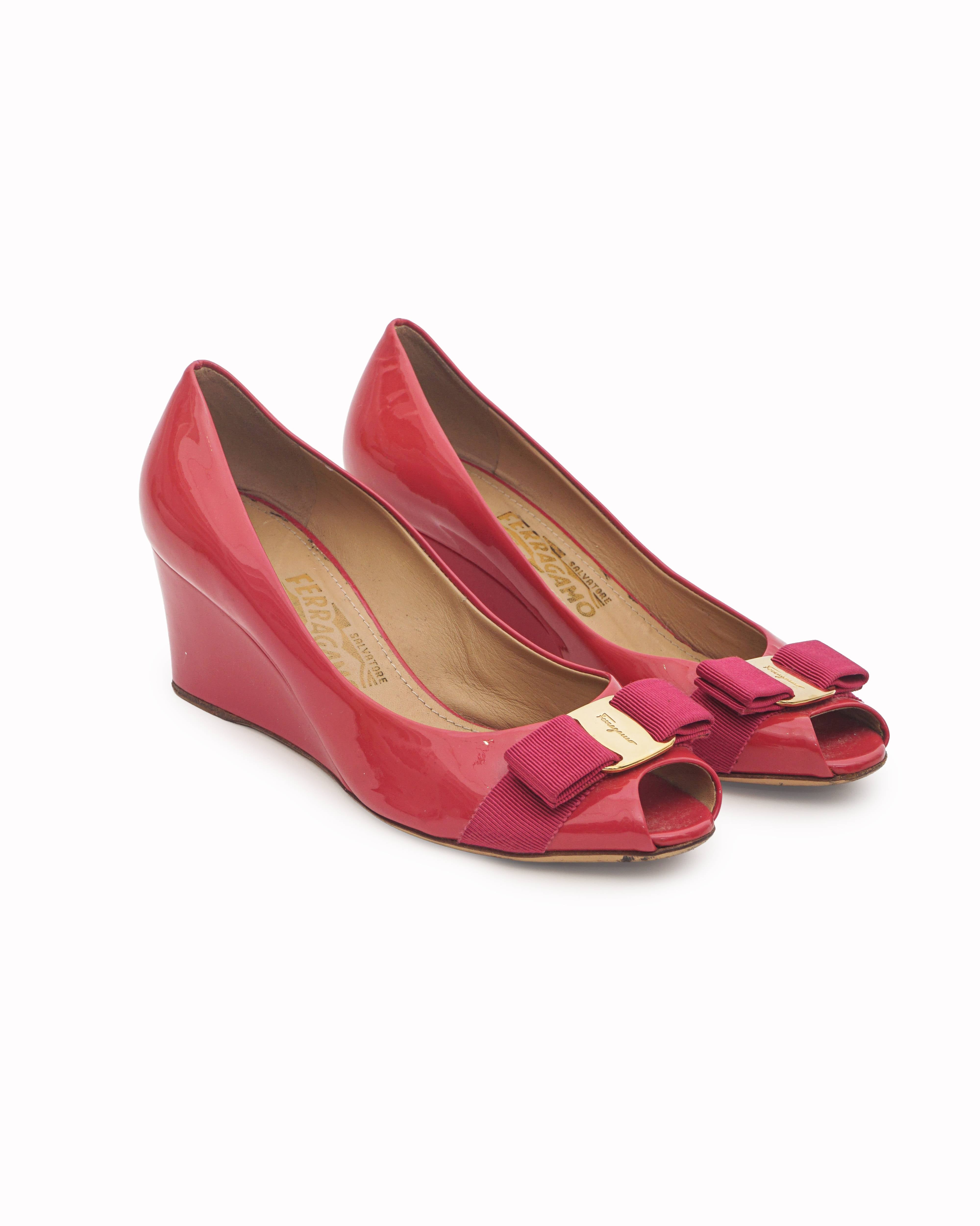 Salvatore Ferragamo Pink Patent Leather Sissi Peep Toe Wedges