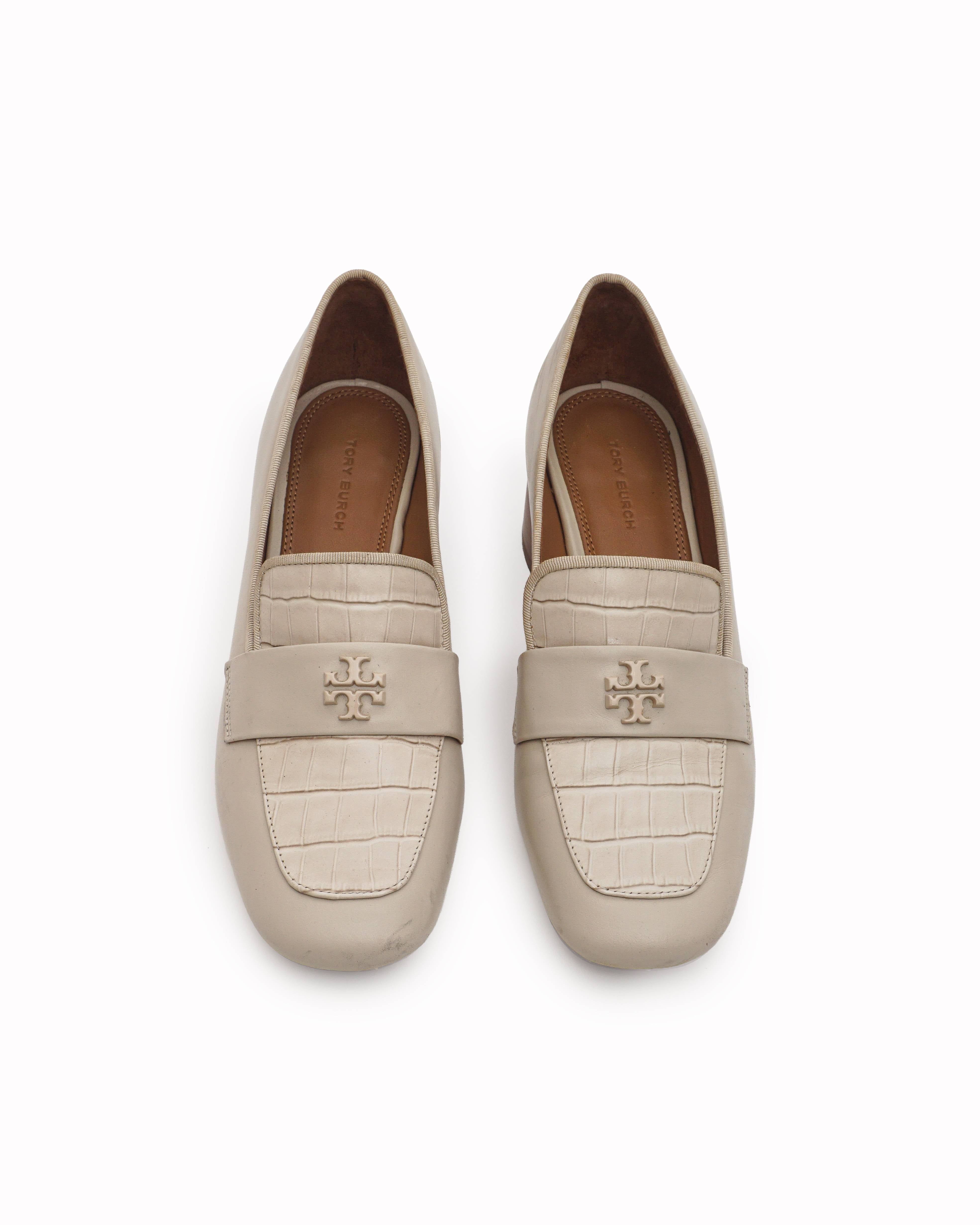 Tory Burch Cream Leather Croc-Embossed Block Heel Loafers
