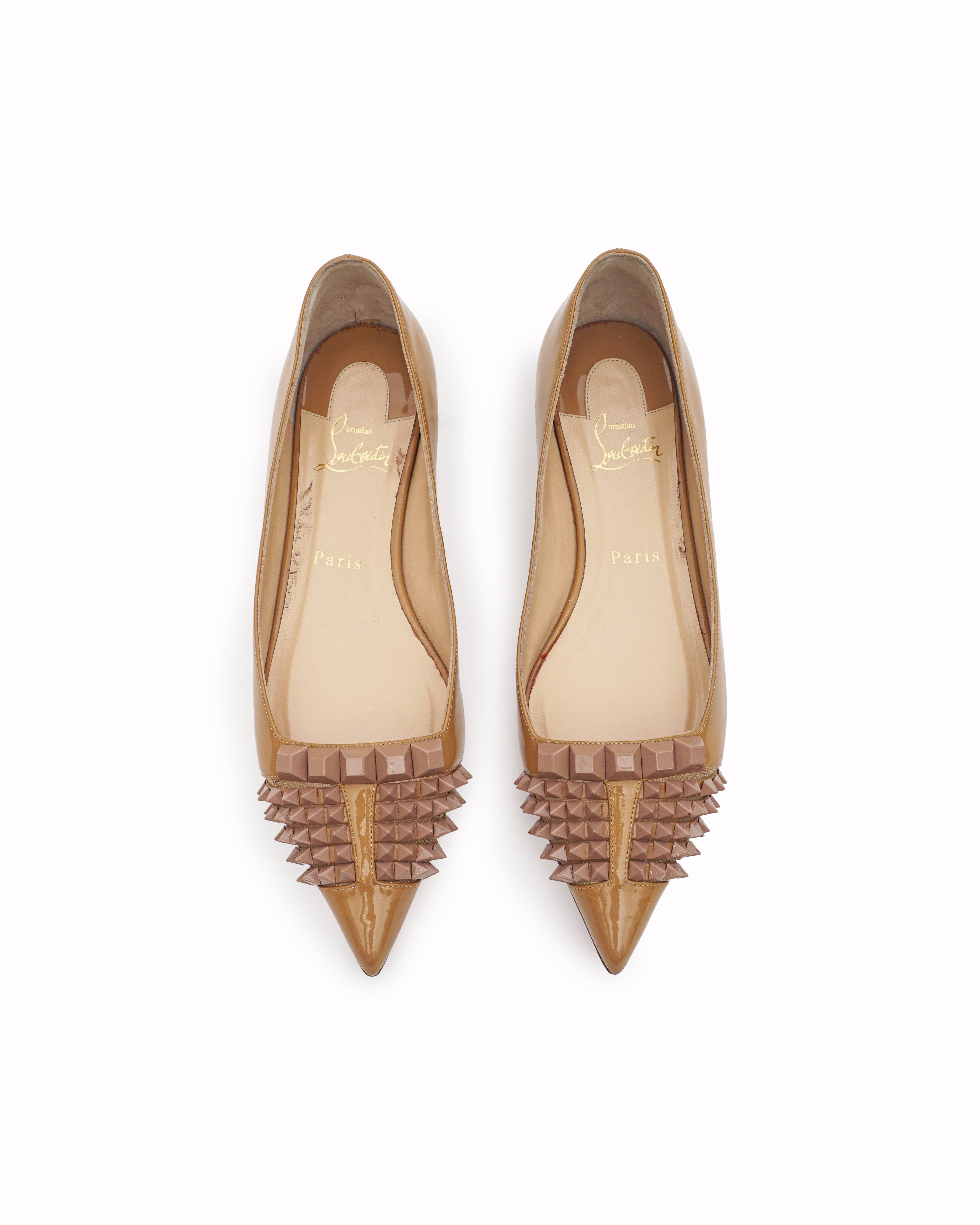 Christian Louboutin Tan Patent Leather Spikes Rollerina Flats