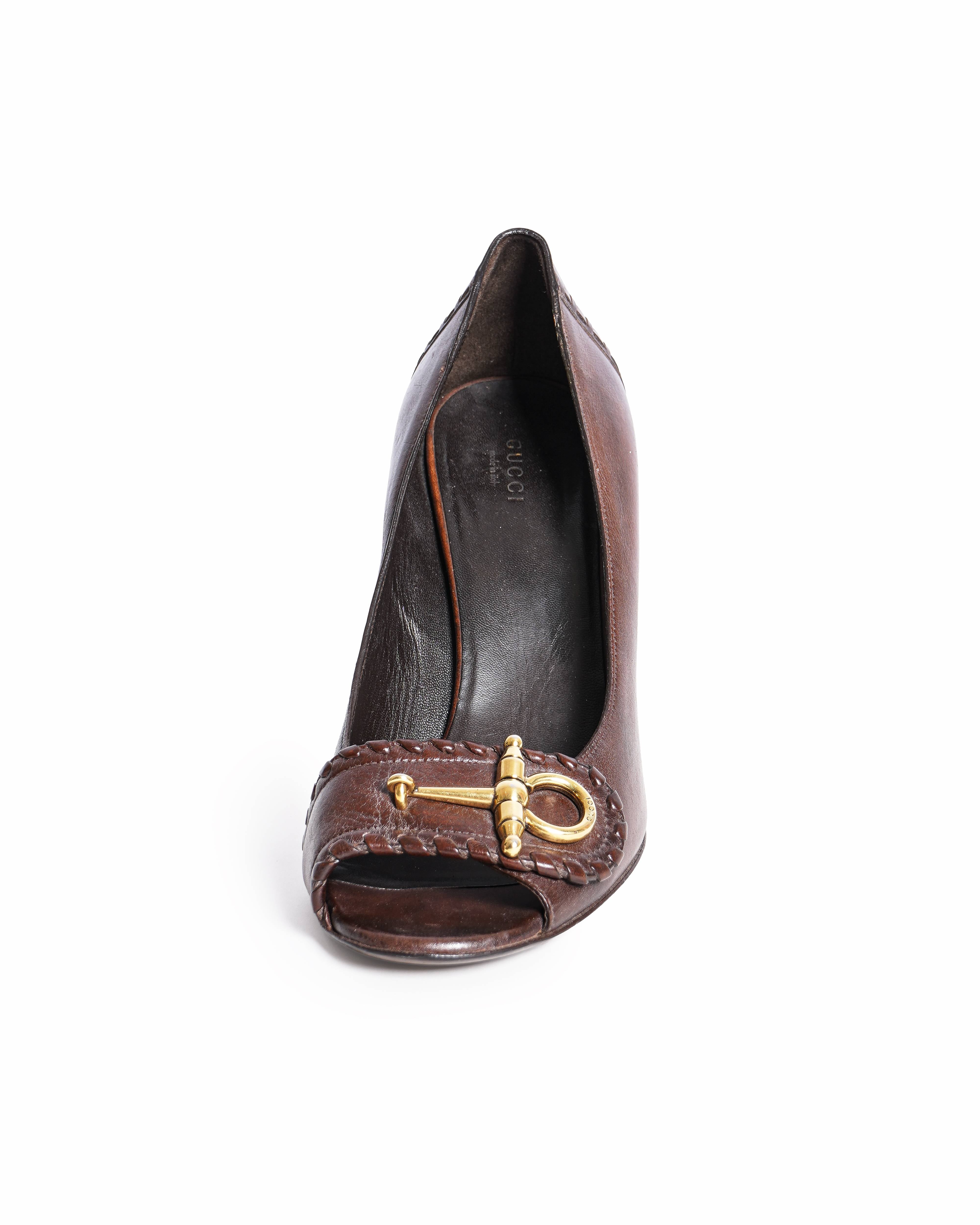 Gucci Leather Peep Toe Pumps In Brown