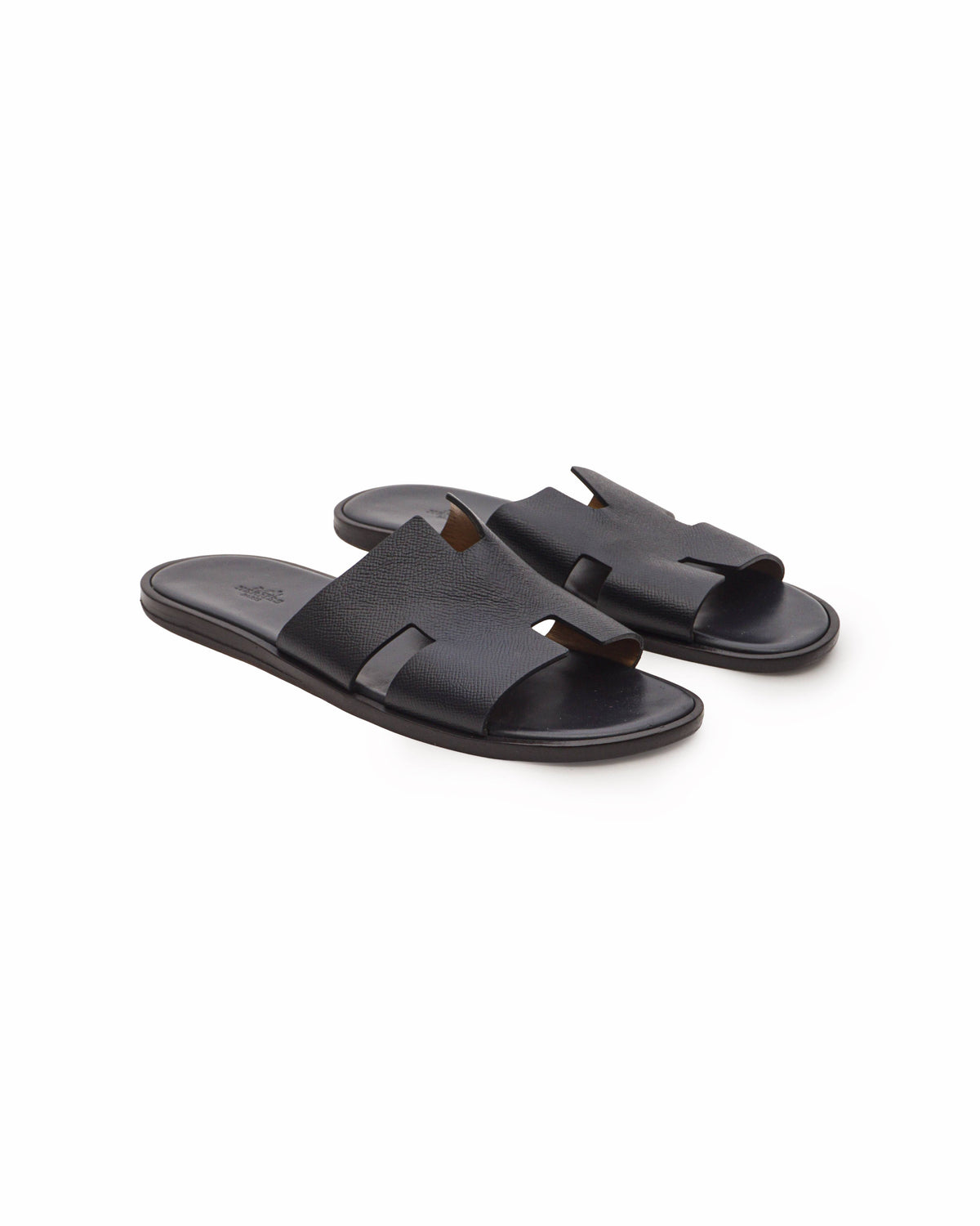 Hermès Izmir Black Epsom Leather Flat Slide Sandals