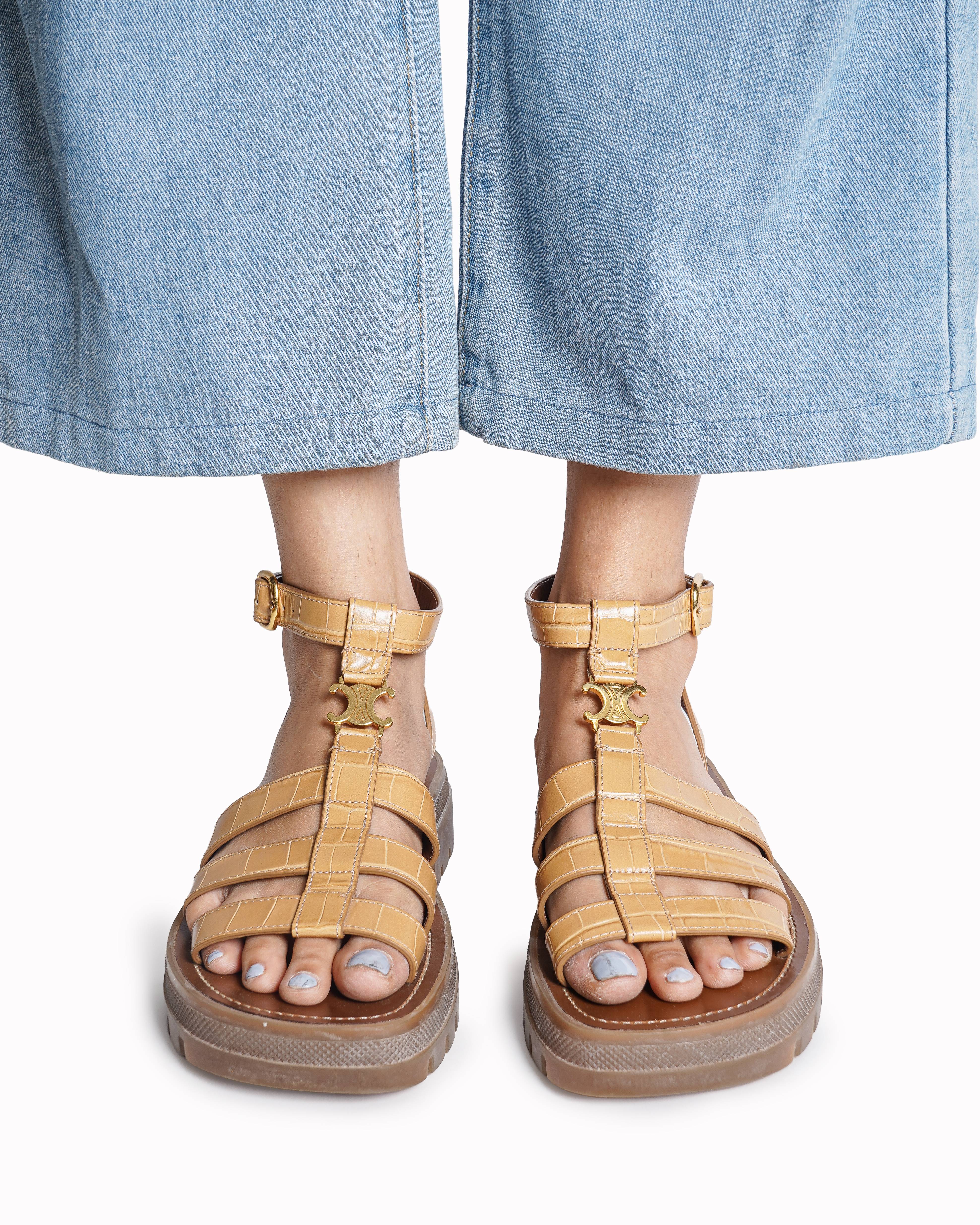 Celine Tan Croc-Embossed Triomphe Gladiator Sandals