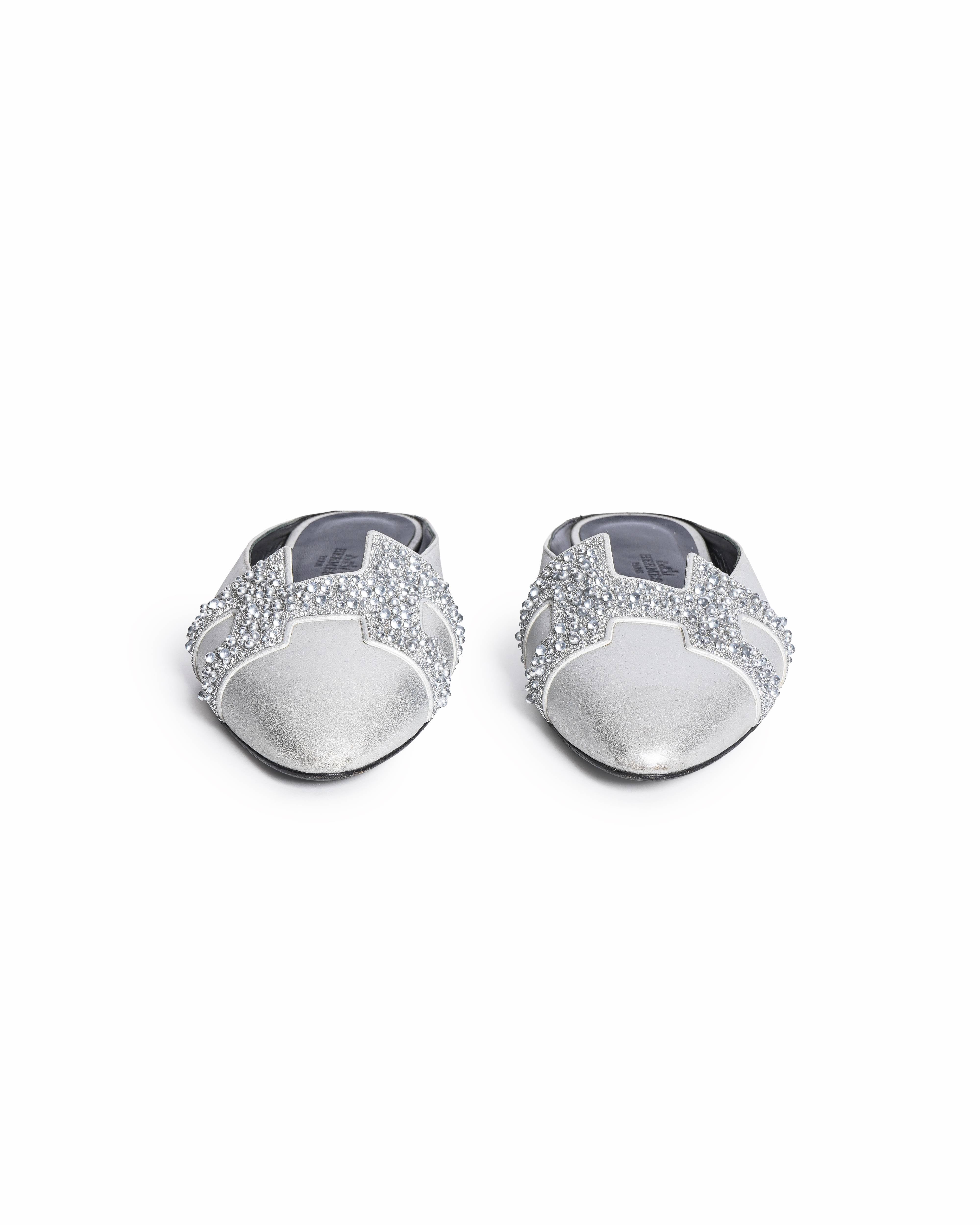 Hermès Roxane Metallic Goat Leather Crystal-Embellished Flat Mules