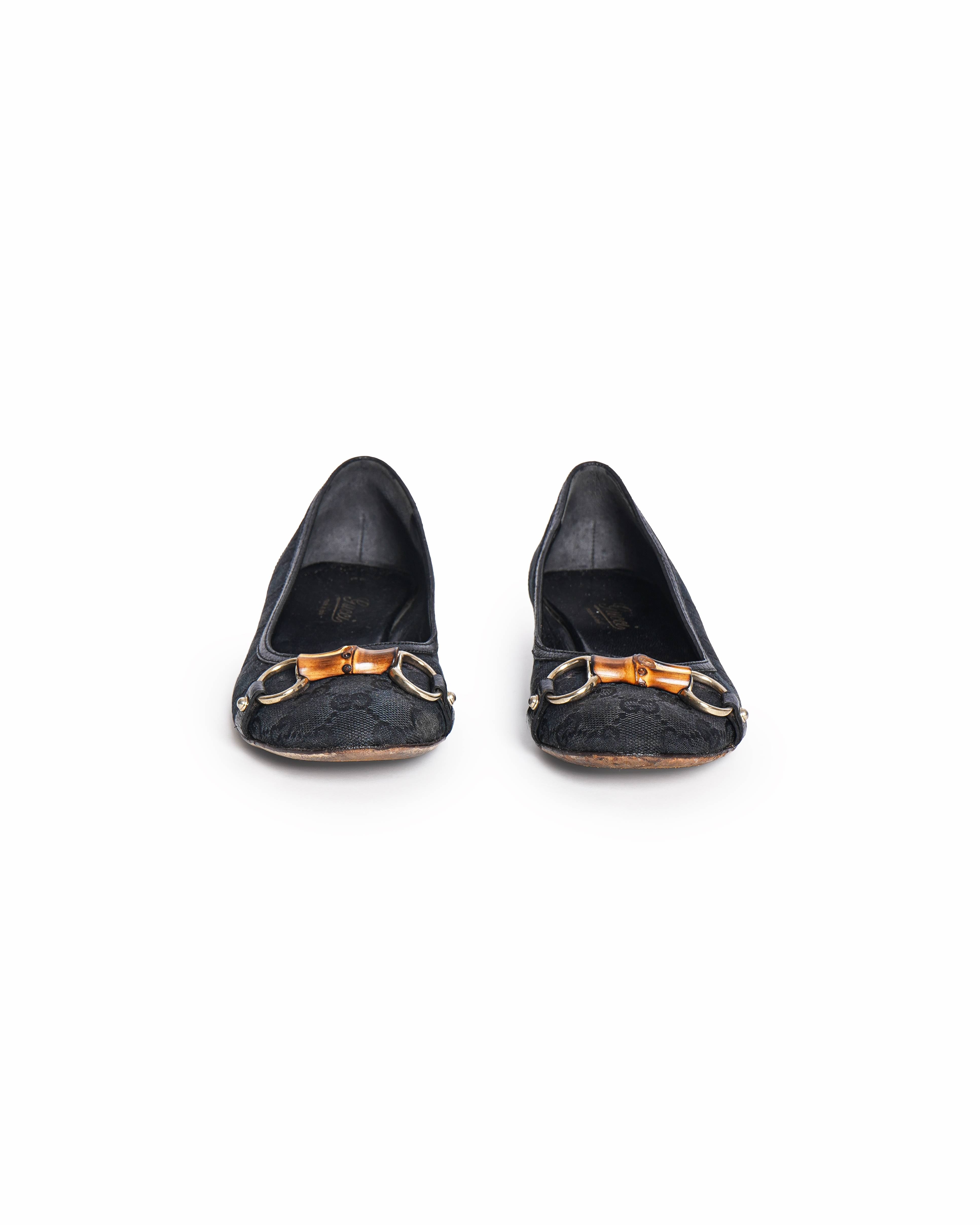 Gucci Monogram Black GG Canvas Bamboo Horsebit Ballet Flats