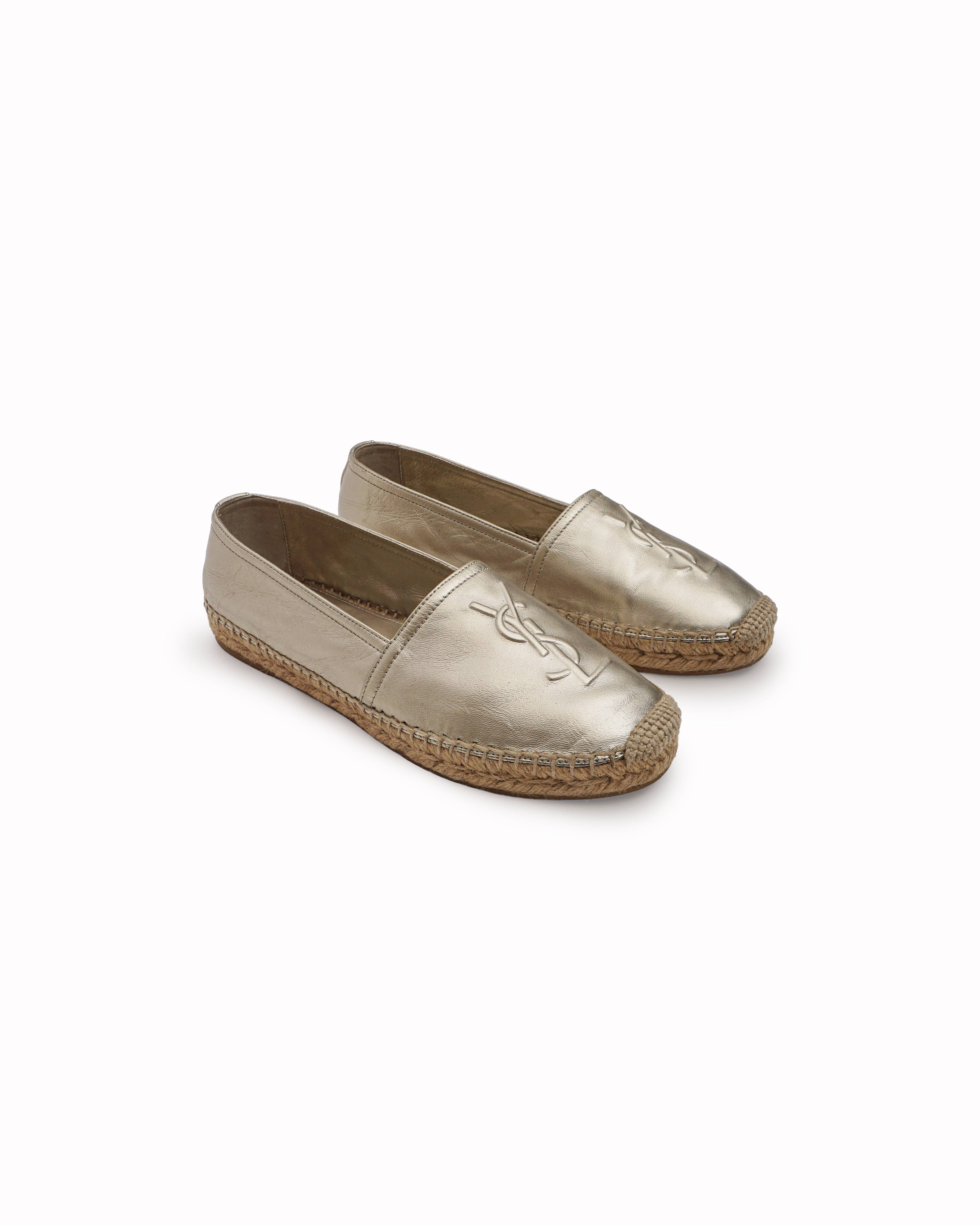 Saint Laurent Metallic Gold Leather YSL Monogram Espadrilles