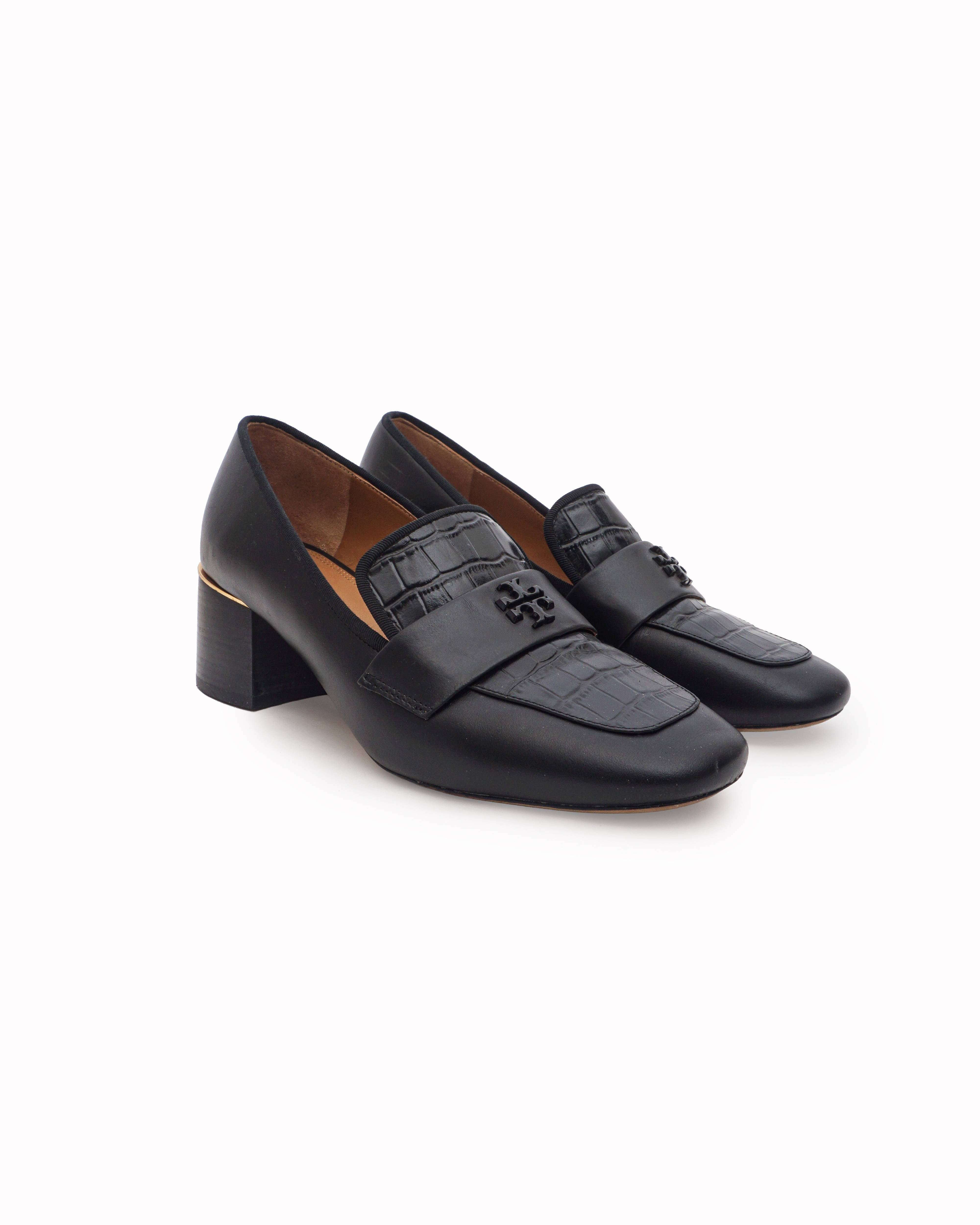 Tory Burch Black Leather Croc-Embossed Block Heel Loafers