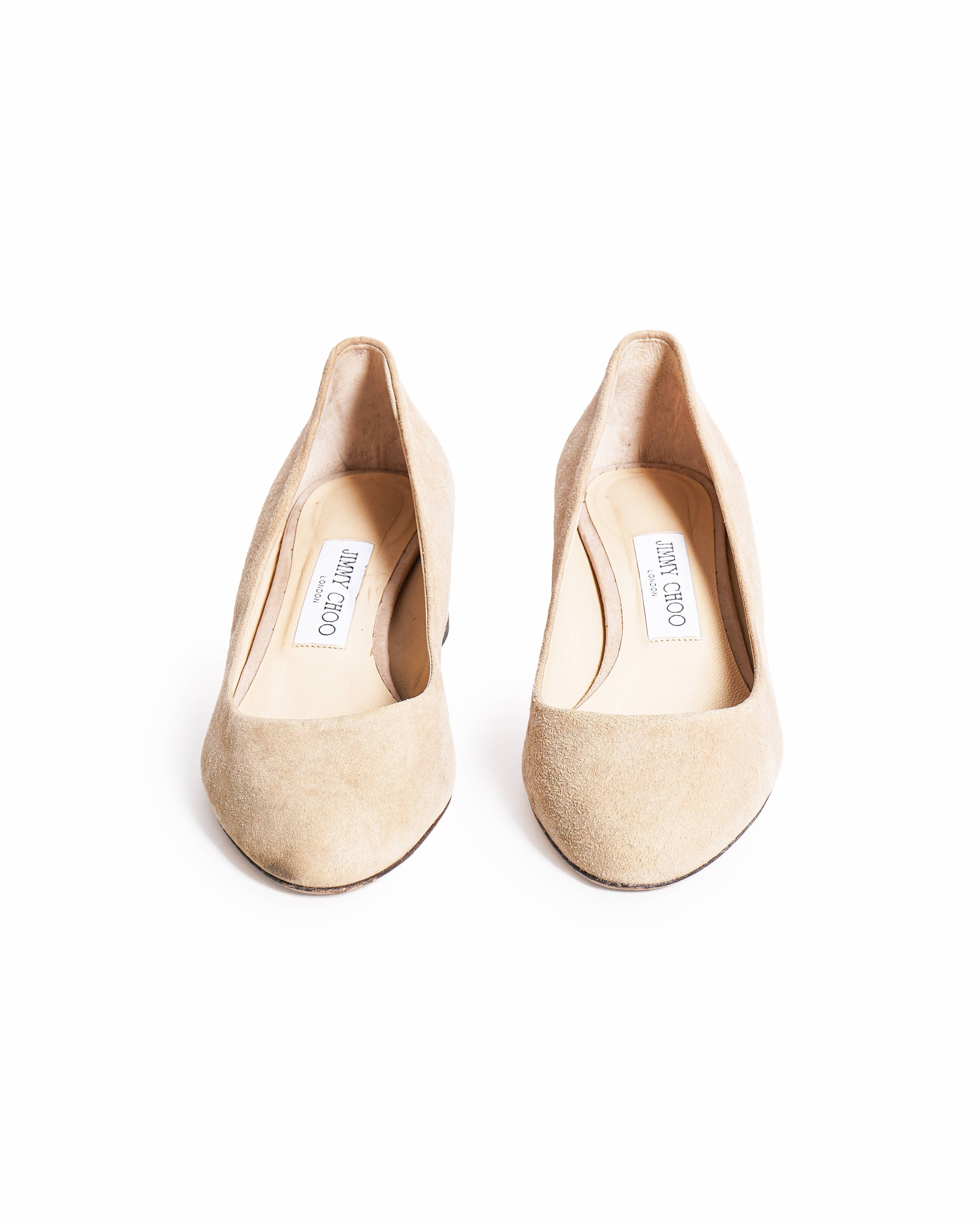 Jimmy Choo Round Toe Block Suede Pumps in Beige