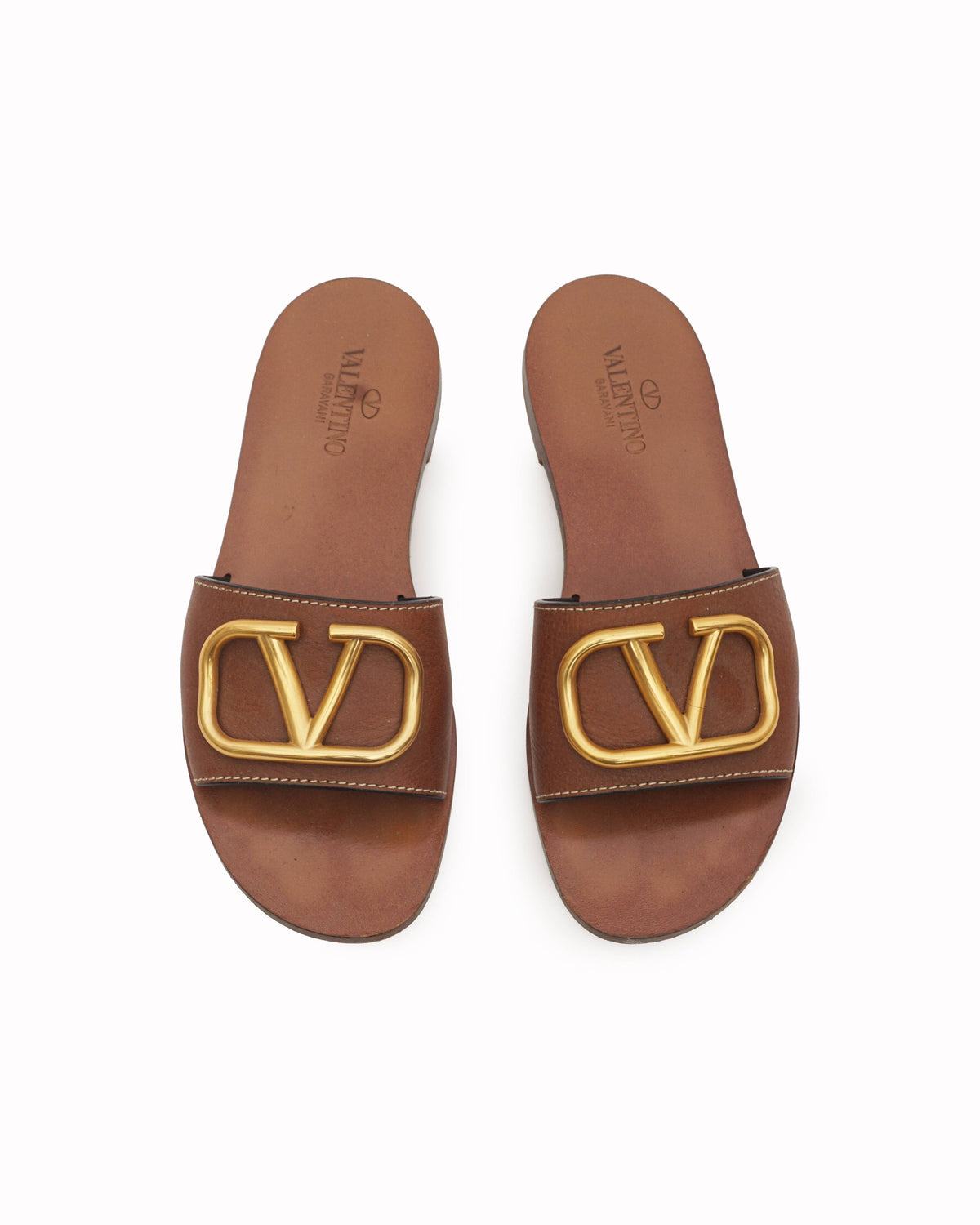 Valentino Garavani VLogo Tan Leather Slide Sandals
