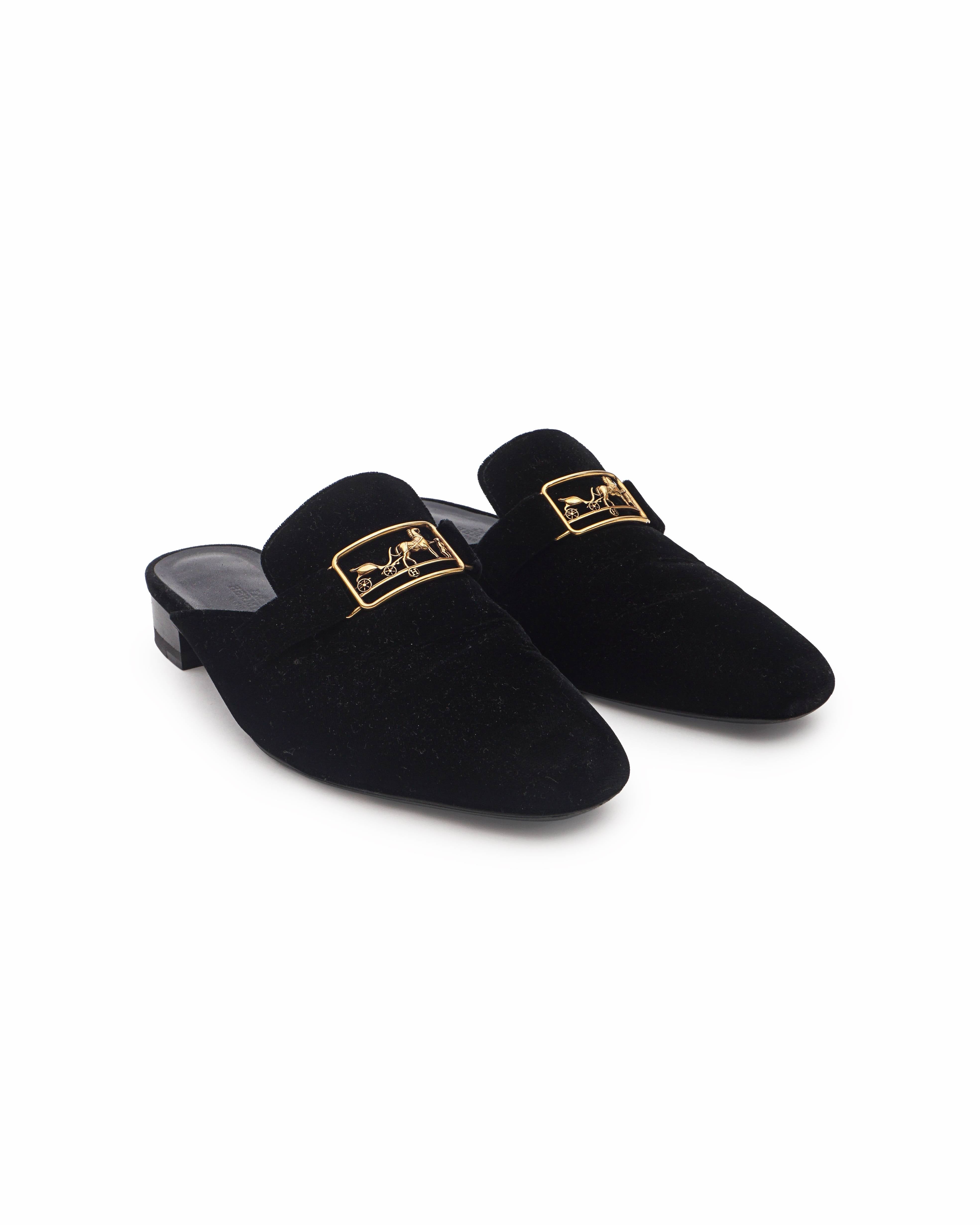 Hermès Black Velvet Trocadero Mules