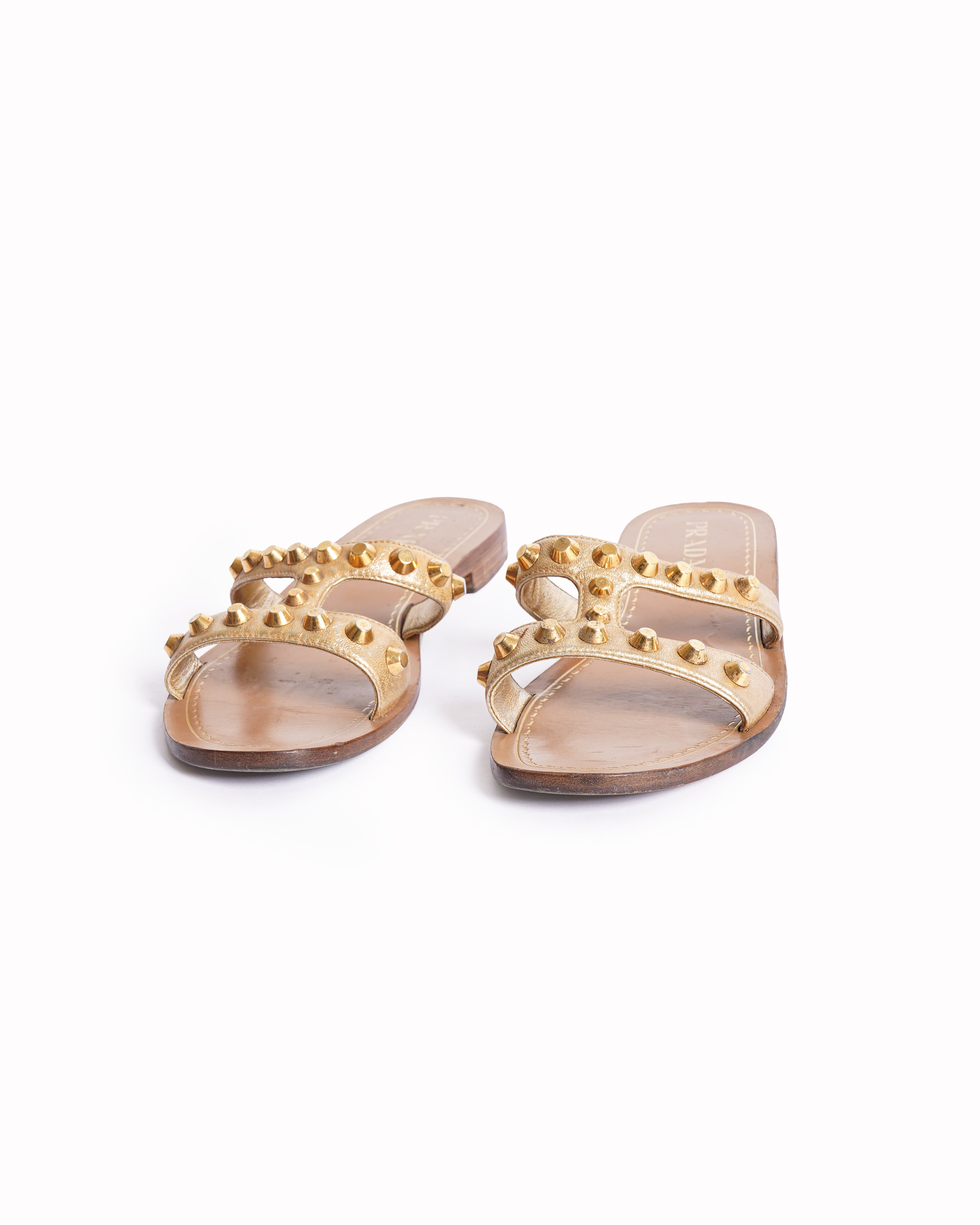 Prada Metallic Gold Leather Studded Flat Slides