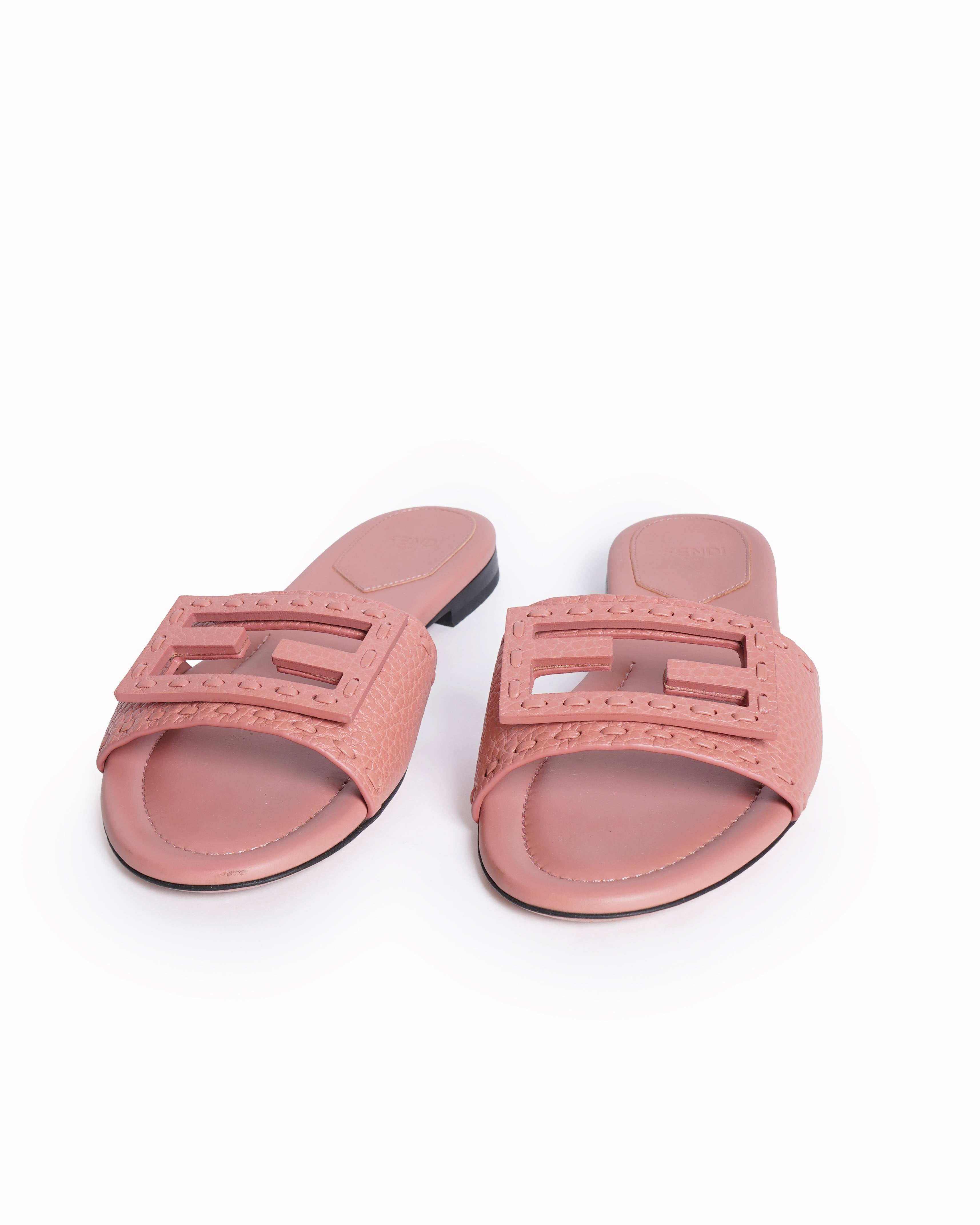 Fendi Pink Baguette FF Tube Medallian Flat Sandals