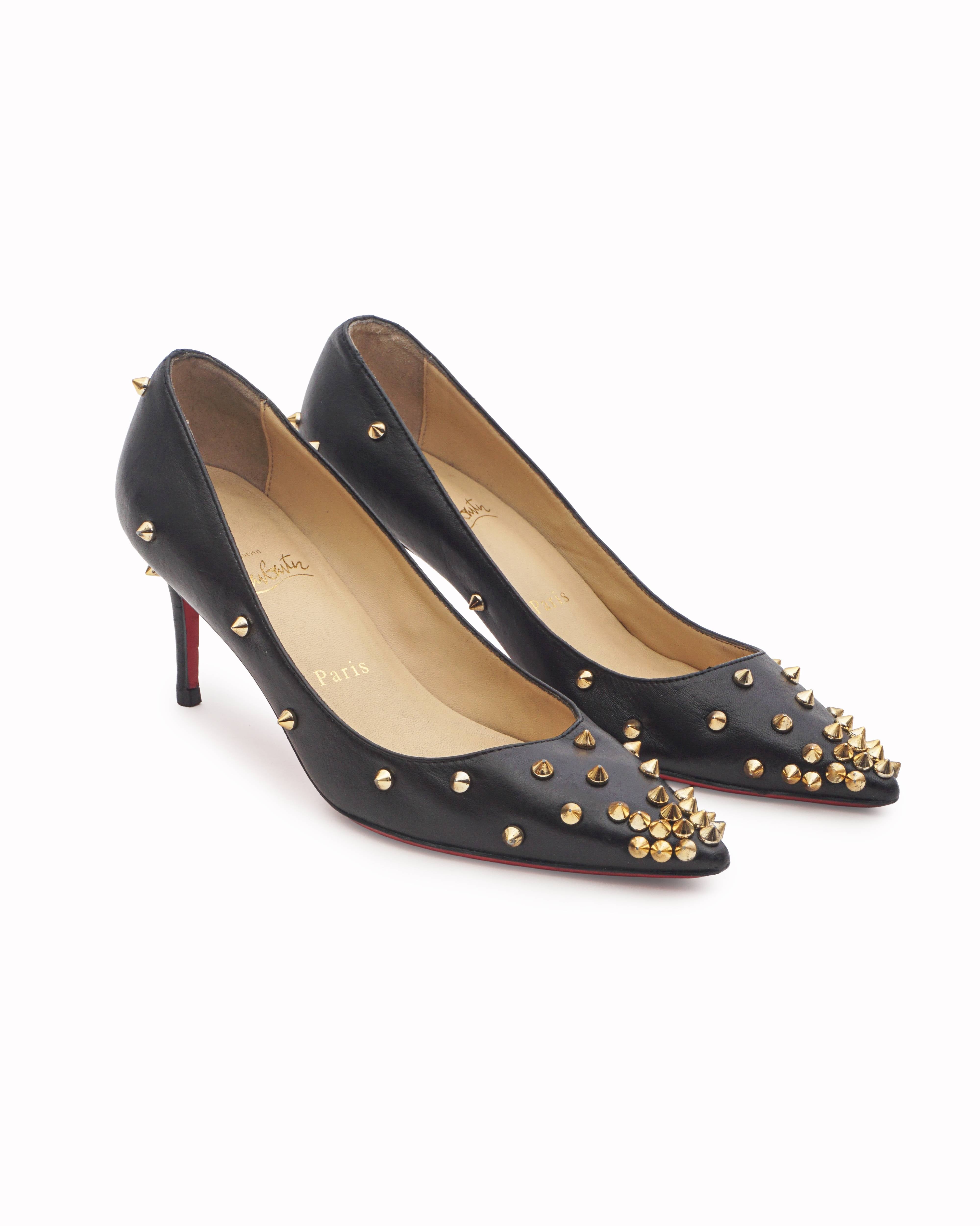 Christian Louboutin Black Leather Gold Pigalle Spikes Pumps