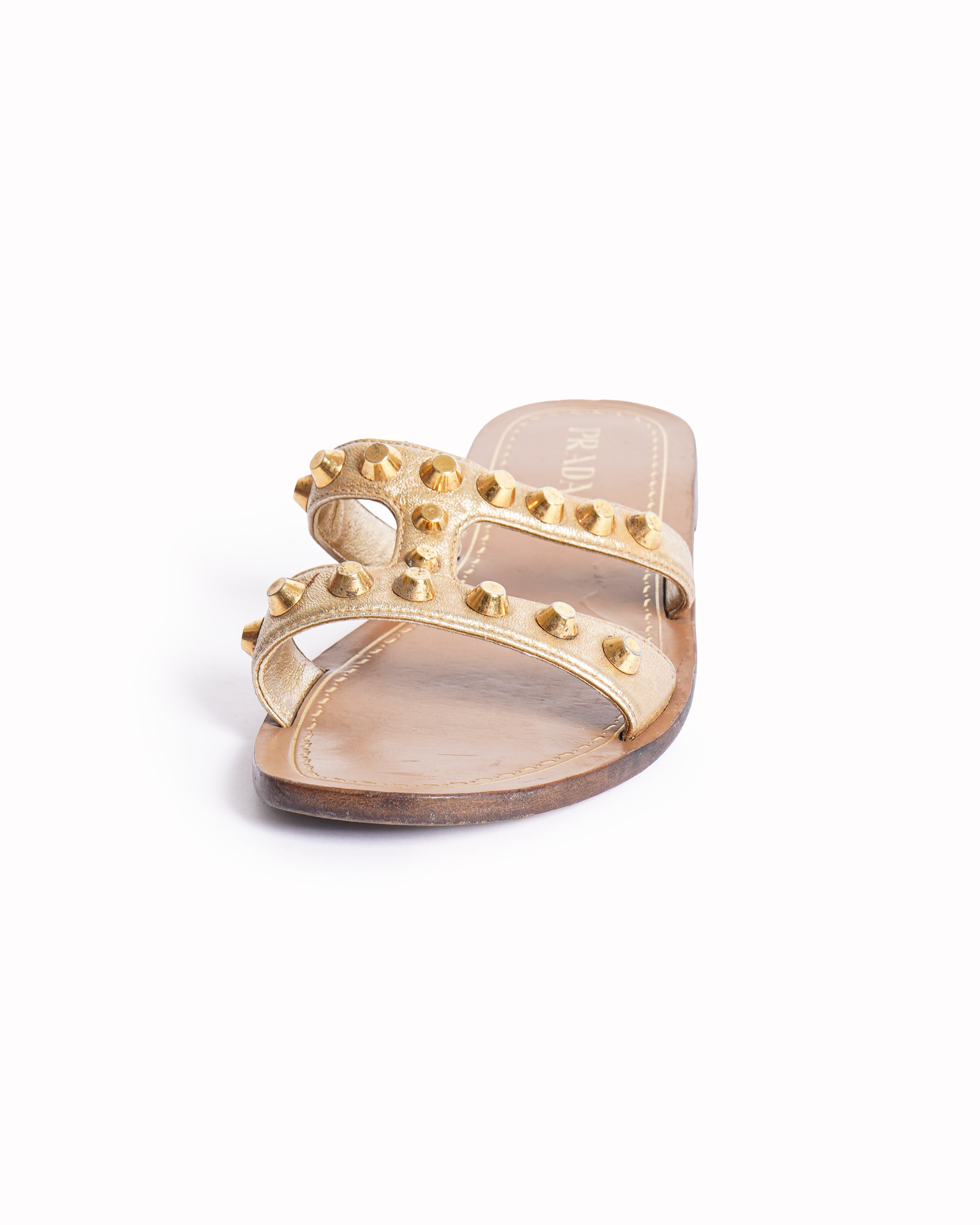 Prada Metallic Gold Leather Studded Flat Slides