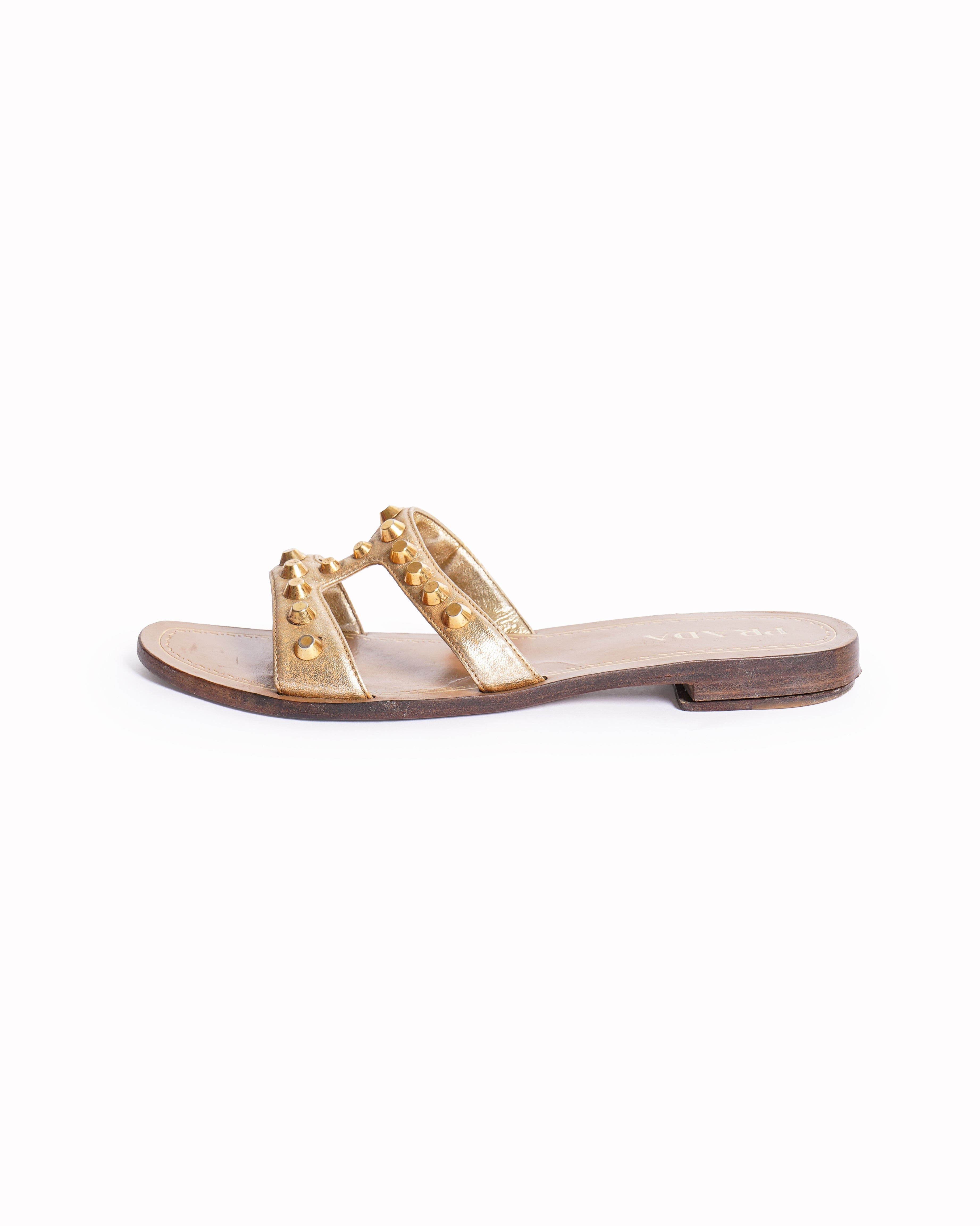 Prada Metallic Gold Leather Studded Flat Slides