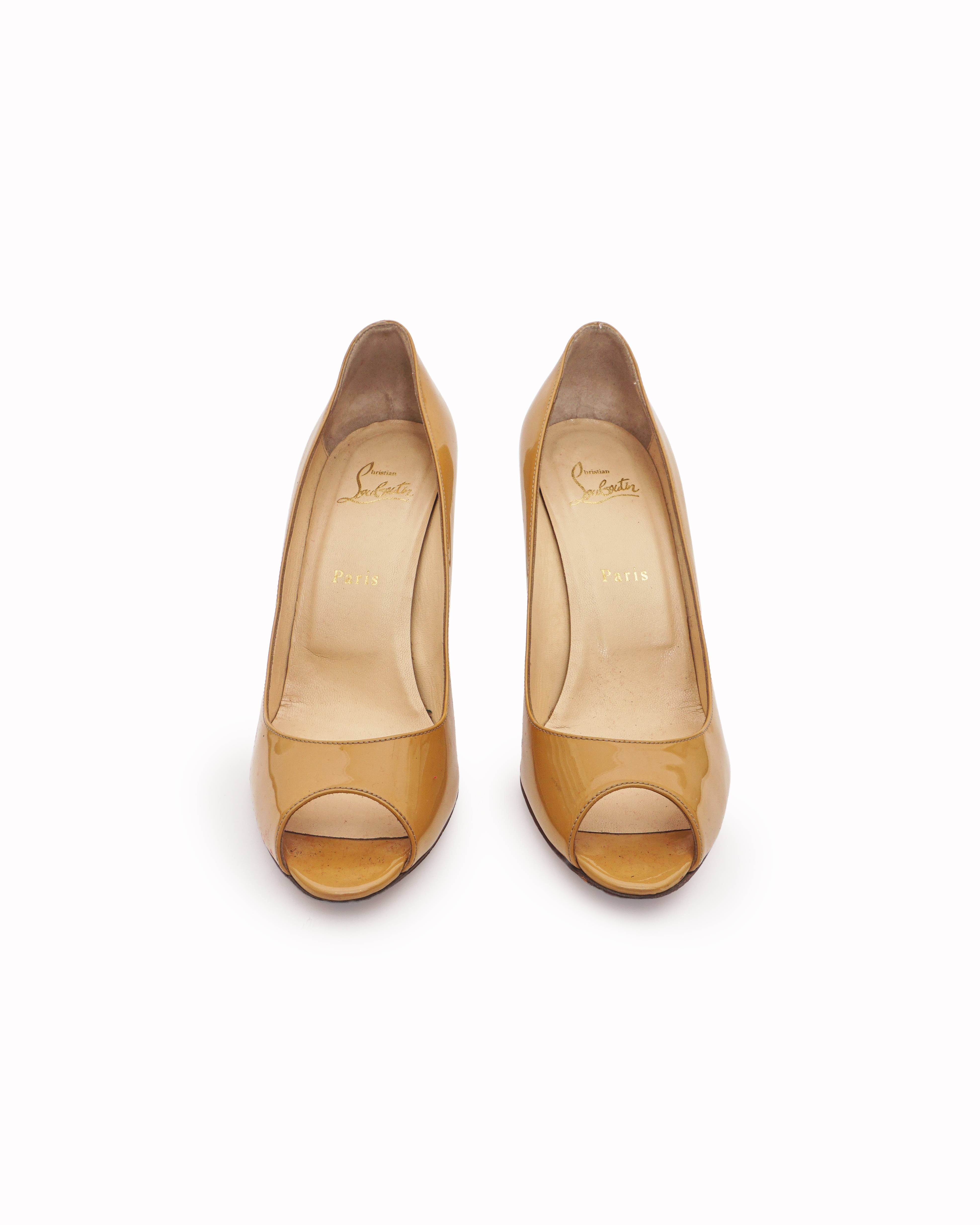 Christian Louboutin Beige Patent Leather Peep-Toe Pumps