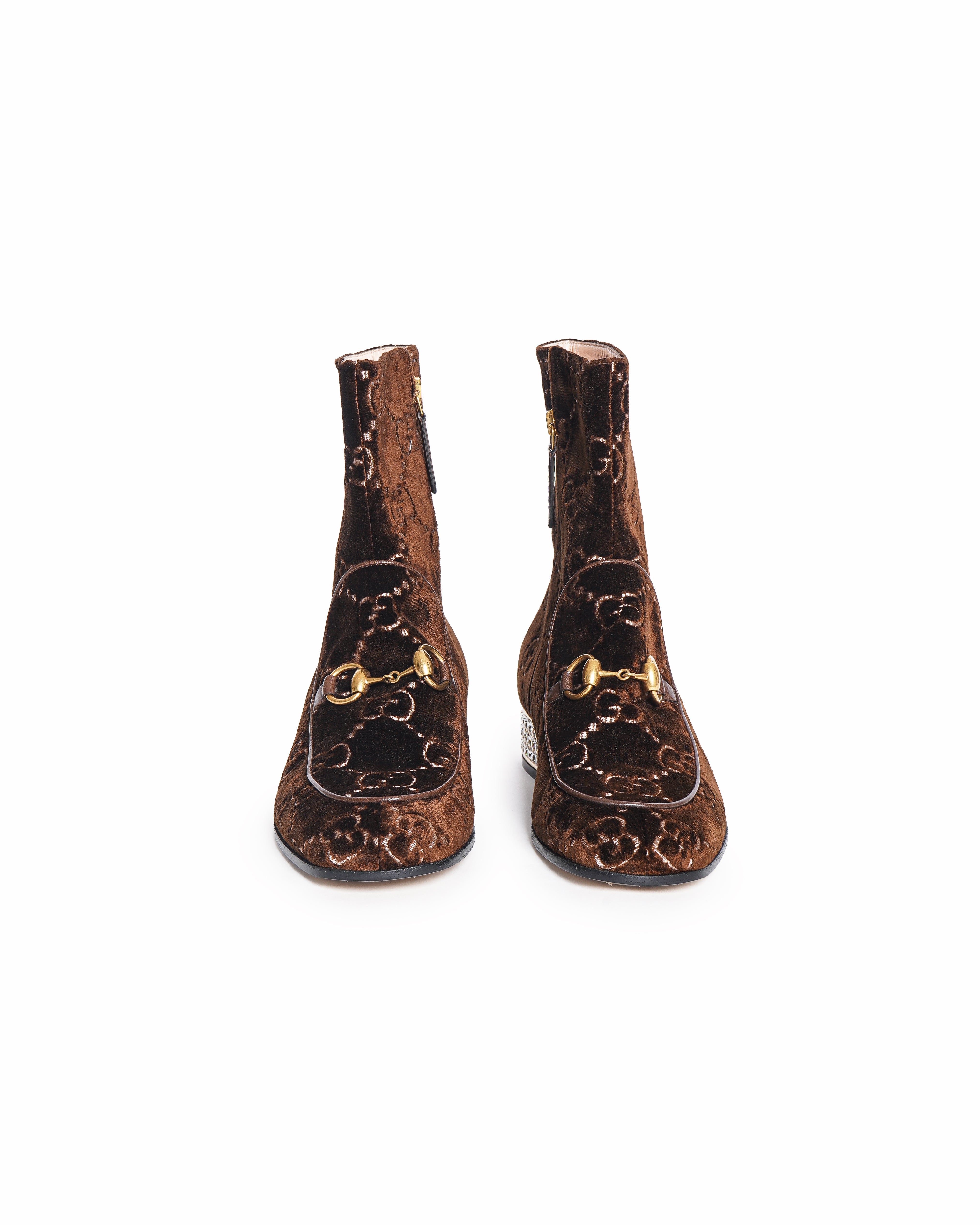 Gucci Velvet GG Monogram Crystal Horsebit Ankle Boots