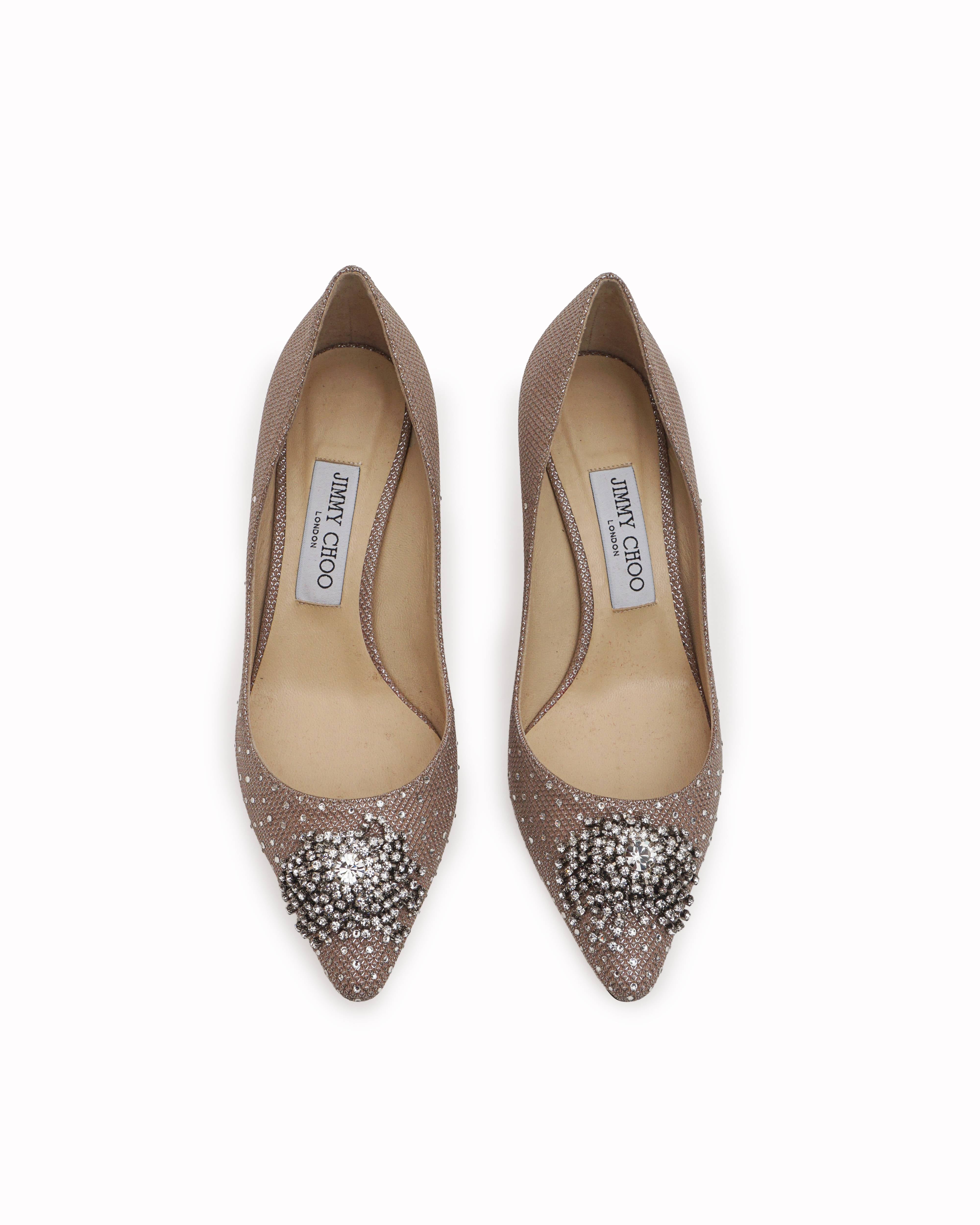 Jimmy Choo Romy Champagne Metallic Crystal Brooch Pumps