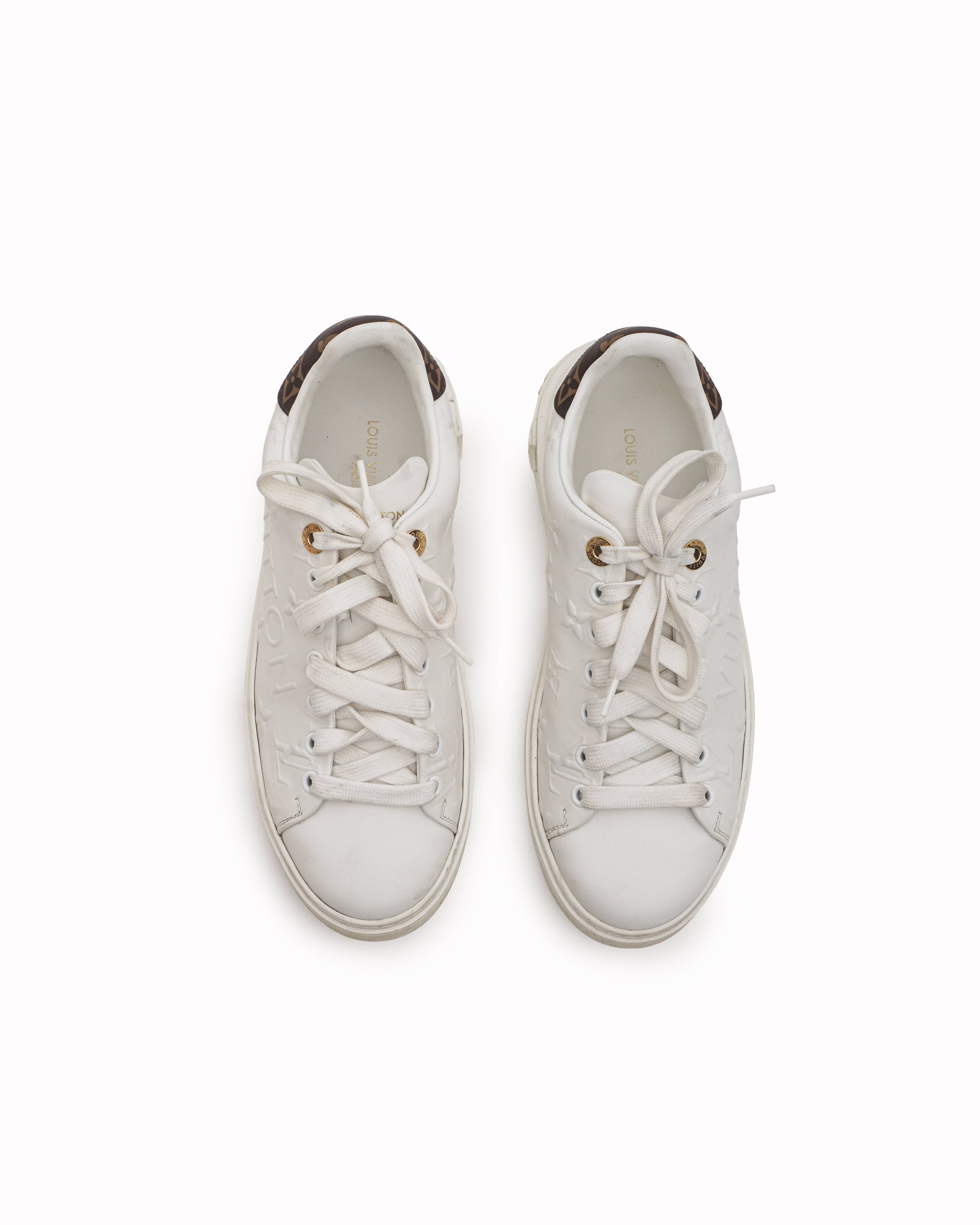 Louis Vuitton White Leather Debossed Monogram Time Out Sneakers