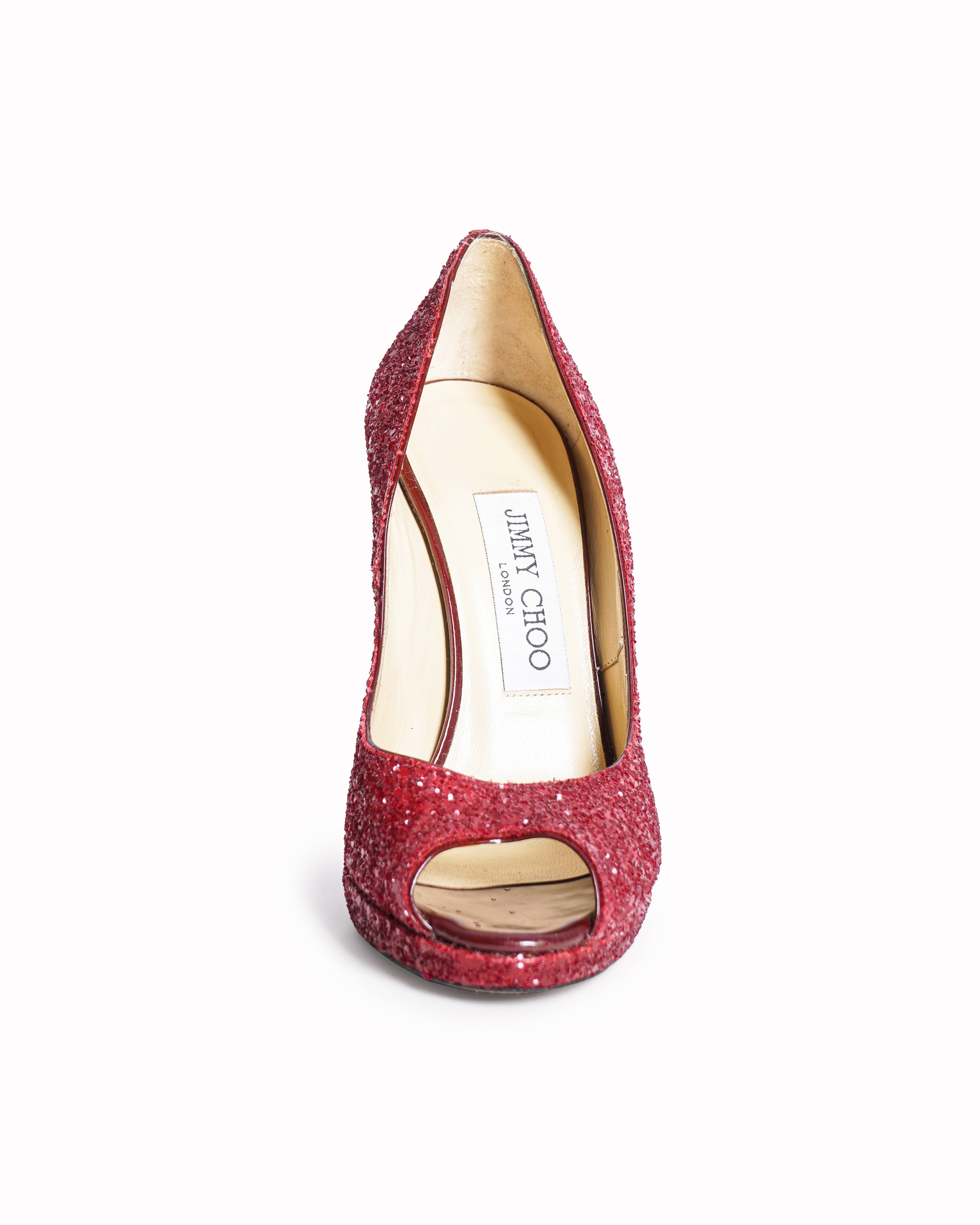 Jimmy Choo Red Glitter Peep-Toe Pumps
