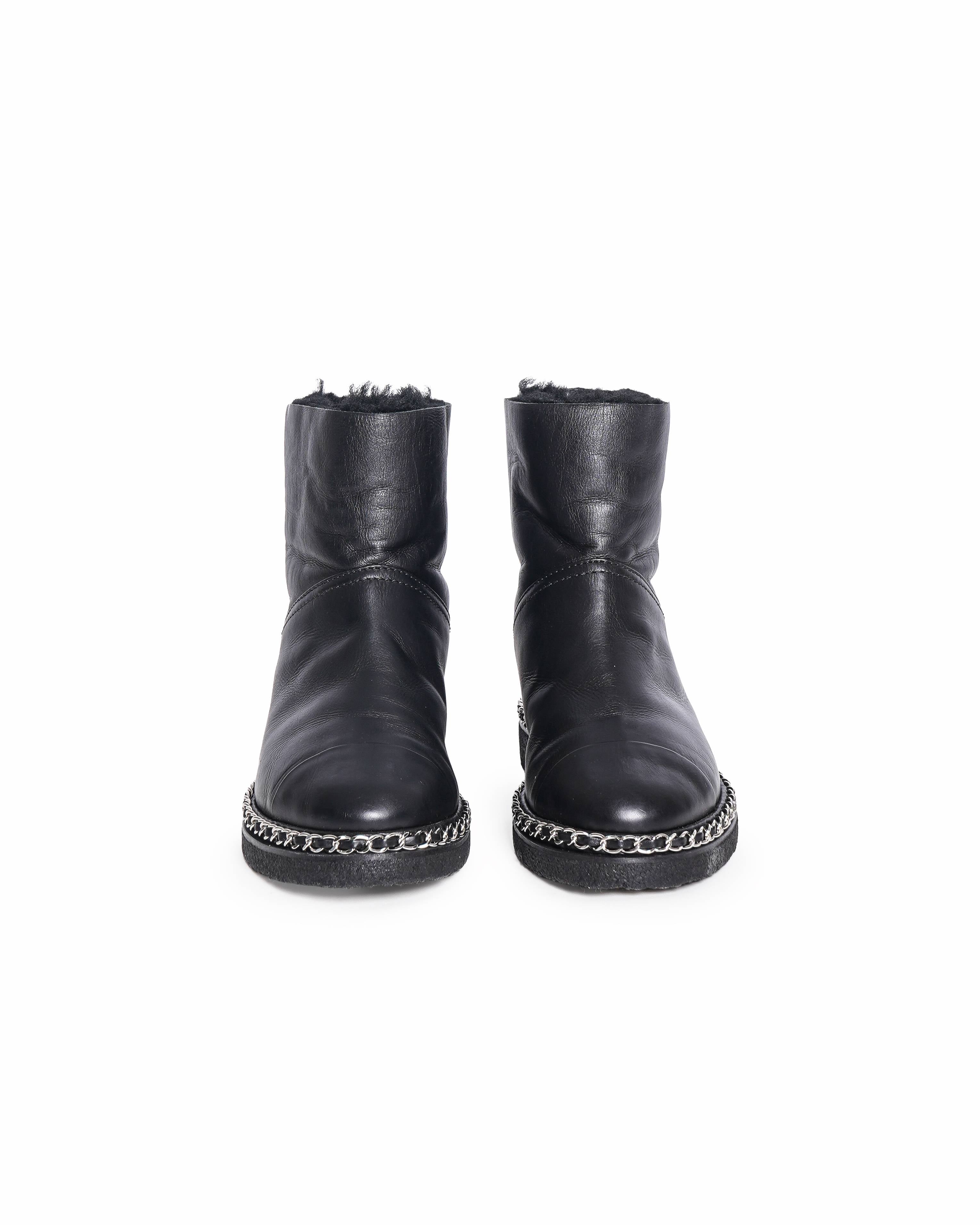 Chanel Black Leather CC Cap Toe Chain detail Ankle Length Boots