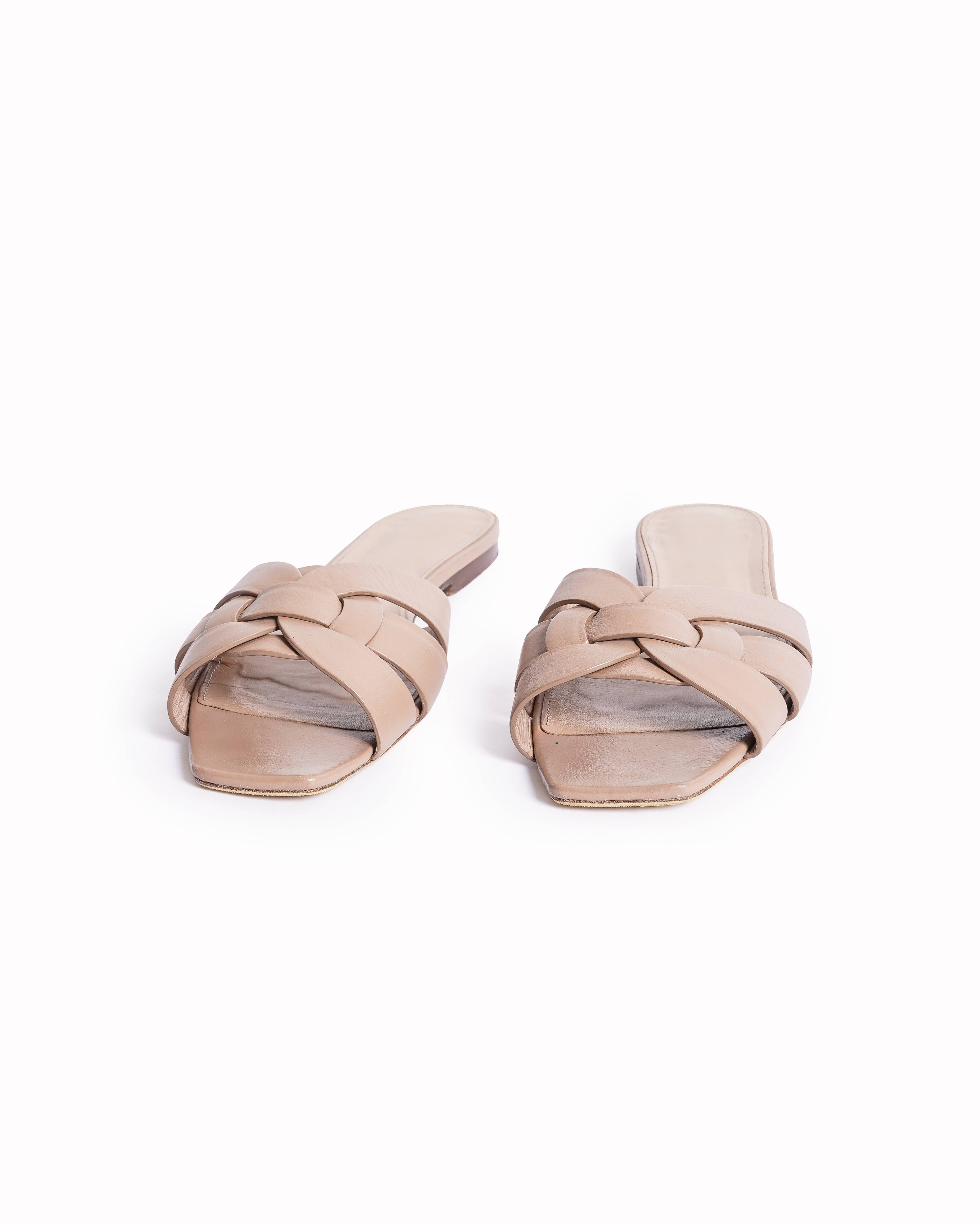 Saint Laurent Beige Leather Tribute Flat Slides